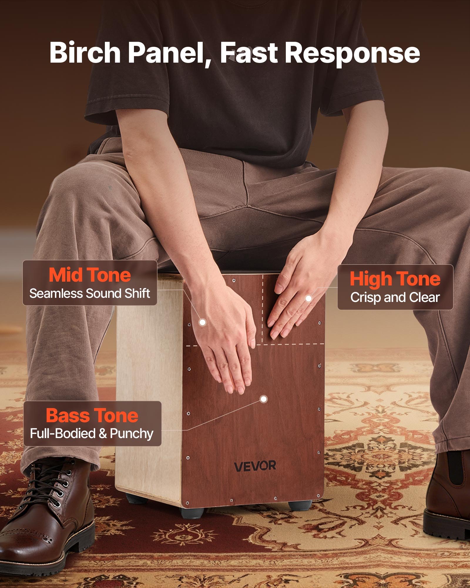 VEVOR Cajon, bęben skrzynkowy, z wewnętrznymi strunami werblowymi, kompaktowa i lekka drewniana skrzynia perkusyjna, instrument muzyczny perkusyjny z silikonowymi nóżkami, zaokrąglone krawędzie, dla początkujących i profesjonalistów, 255 x 255 x 380 mm