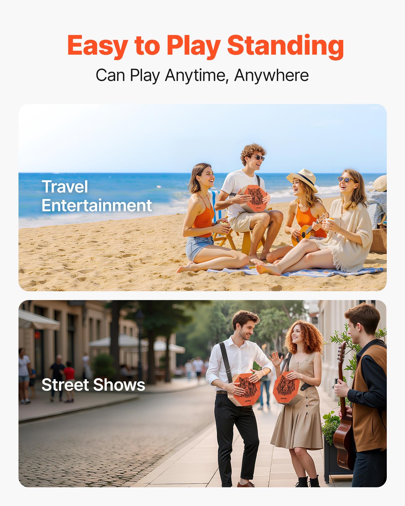 VEVOR Cajon Instrument z wewnętrznymi strunami gitarowymi i brzmieniem basowym, przenośna drewniana skrzynia perkusyjna, instrument muzyczny z drewna brzozowego z regulowanym paskiem, dla początkujących i profesjonalistów, 295 x 295 x 100 mm