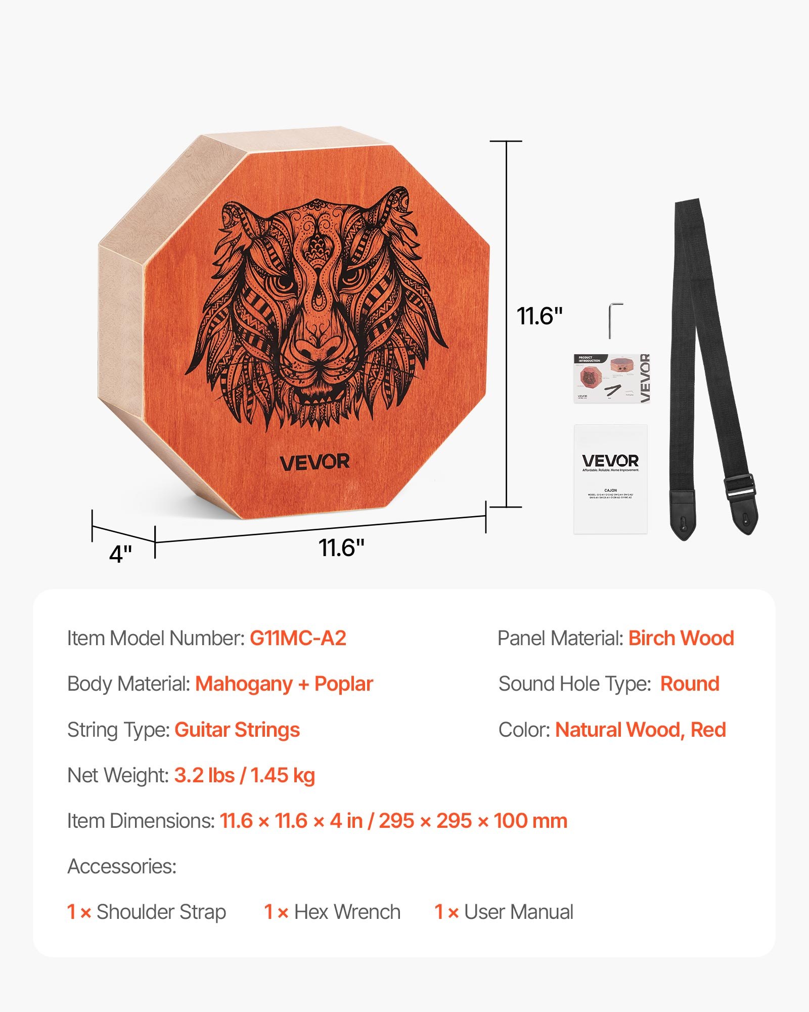 VEVOR Cajon Instrument z wewnętrznymi strunami gitarowymi i brzmieniem basowym, przenośna drewniana skrzynia perkusyjna, instrument muzyczny z drewna brzozowego z regulowanym paskiem, dla początkujących i profesjonalistów, 295 x 295 x 100 mm