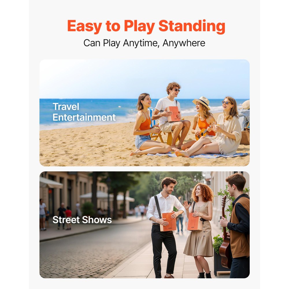 VEVOR Cajon Box Drum z wewnętrznymi strunami gitarowymi, lekka drewniana skrzynia perkusyjna, przenośny instrument perkusyjny z torbą podróżną i regulowanym paskiem, dla początkujących i profesjonalistów, 230 x 100 x 280 mm