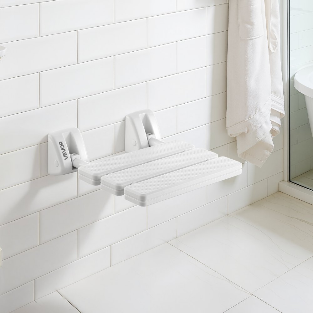 VEVOR składane siedzisko prysznicowe do montażu na ścianie (powierzchnia siedziska 32 x 34 cm), składane krzesło ścienne z aluminiową ramą, siedzisko prysznicowe (nośność 100 kg) dla dorosłych i seniorów, odpowiednie do łazienki i korytarza, białe