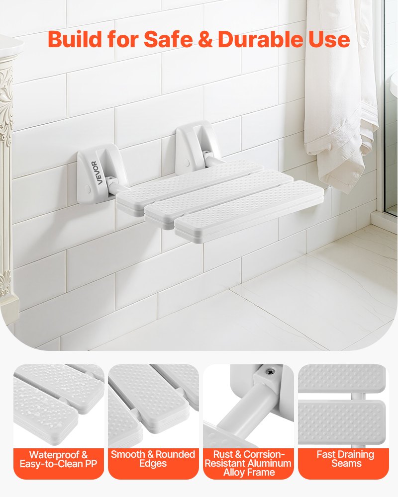 VEVOR składane siedzisko prysznicowe do montażu na ścianie (powierzchnia siedziska 32 x 34 cm), składane krzesło ścienne z aluminiową ramą, siedzisko prysznicowe (nośność 100 kg) dla dorosłych i seniorów, odpowiednie do łazienki i korytarza, białe