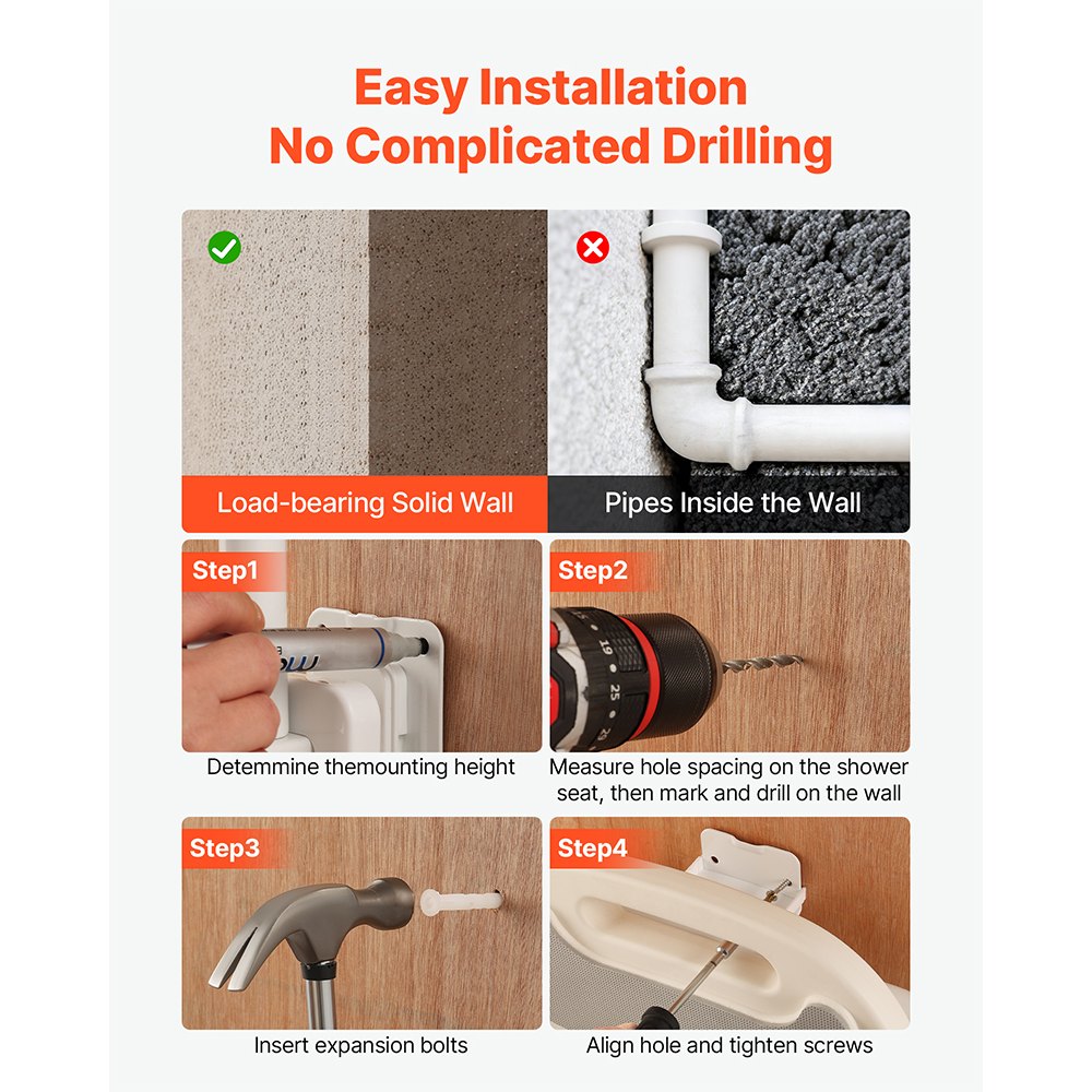 VEVOR Składane siedzisko prysznicowe do montażu na ścianie (58 x 48 x 75 cm), składane krzesło ścienne z oparciem, podłokietnikami i regulowanymi nogami, siedzisko prysznicowe (nośność 150 kg) dla dorosłych i seniorów, łazienka na korytarzu