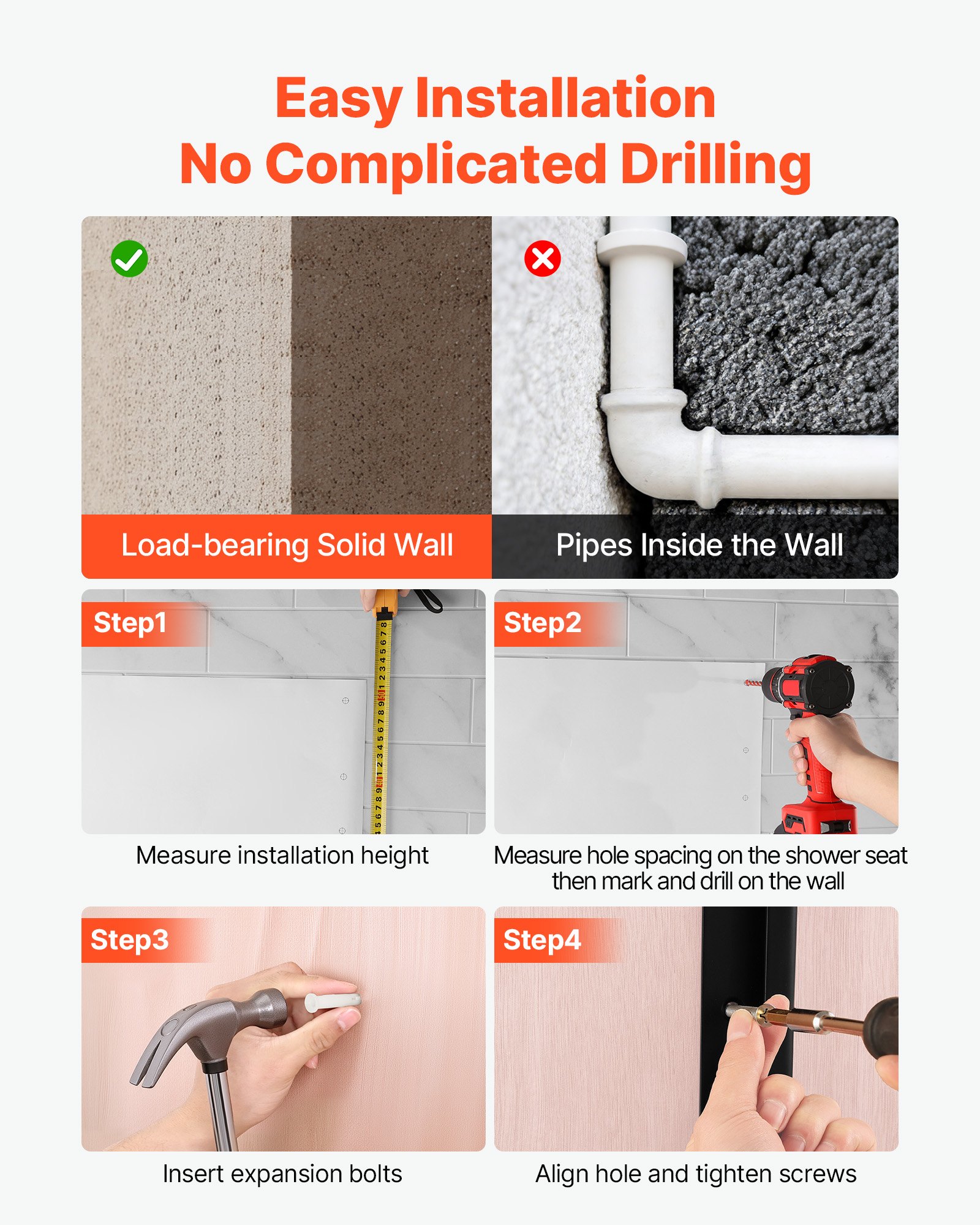 VEVOR składane siedzisko prysznicowe do montażu na ścianie (powierzchnia siedziska 496 x 417 mm), składane krzesło ścienne z podpierającym oparciem, siedzisko prysznicowe (nośność 180 kg) dla dorosłych i seniorów, odpowiednie do łazienki i korytarza