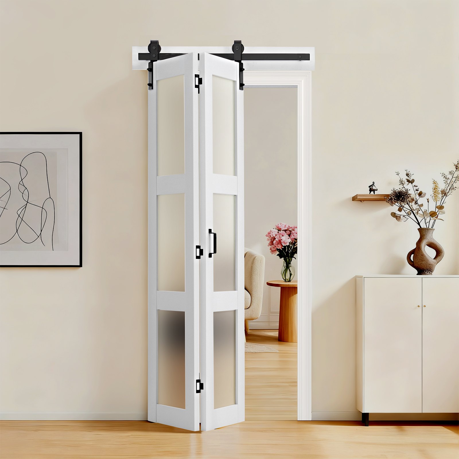Drzwi przesuwne VEVOR w stylu stodoły, składane, 914 x 2134 mm, wykonane z płyty MDF i szkła hartowanego, z zestawem montażowym, oszczędzające miejsce, wstępnie zmontowane panele do sypialni i salonu, białe