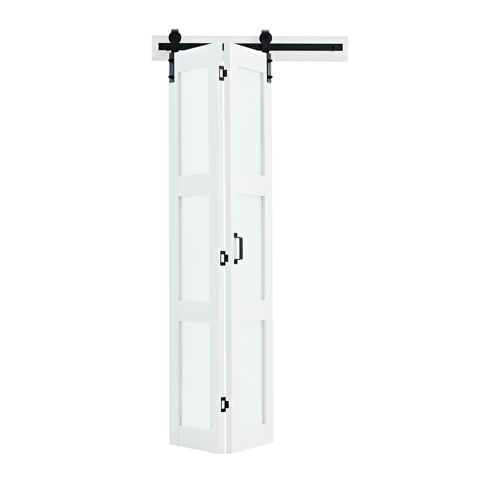Drzwi przesuwne VEVOR w stylu stodoły, składane, 914 x 2134 mm, wykonane z płyty MDF i szkła hartowanego, z zestawem montażowym, oszczędzające miejsce, wstępnie zmontowane panele do sypialni i salonu, białe