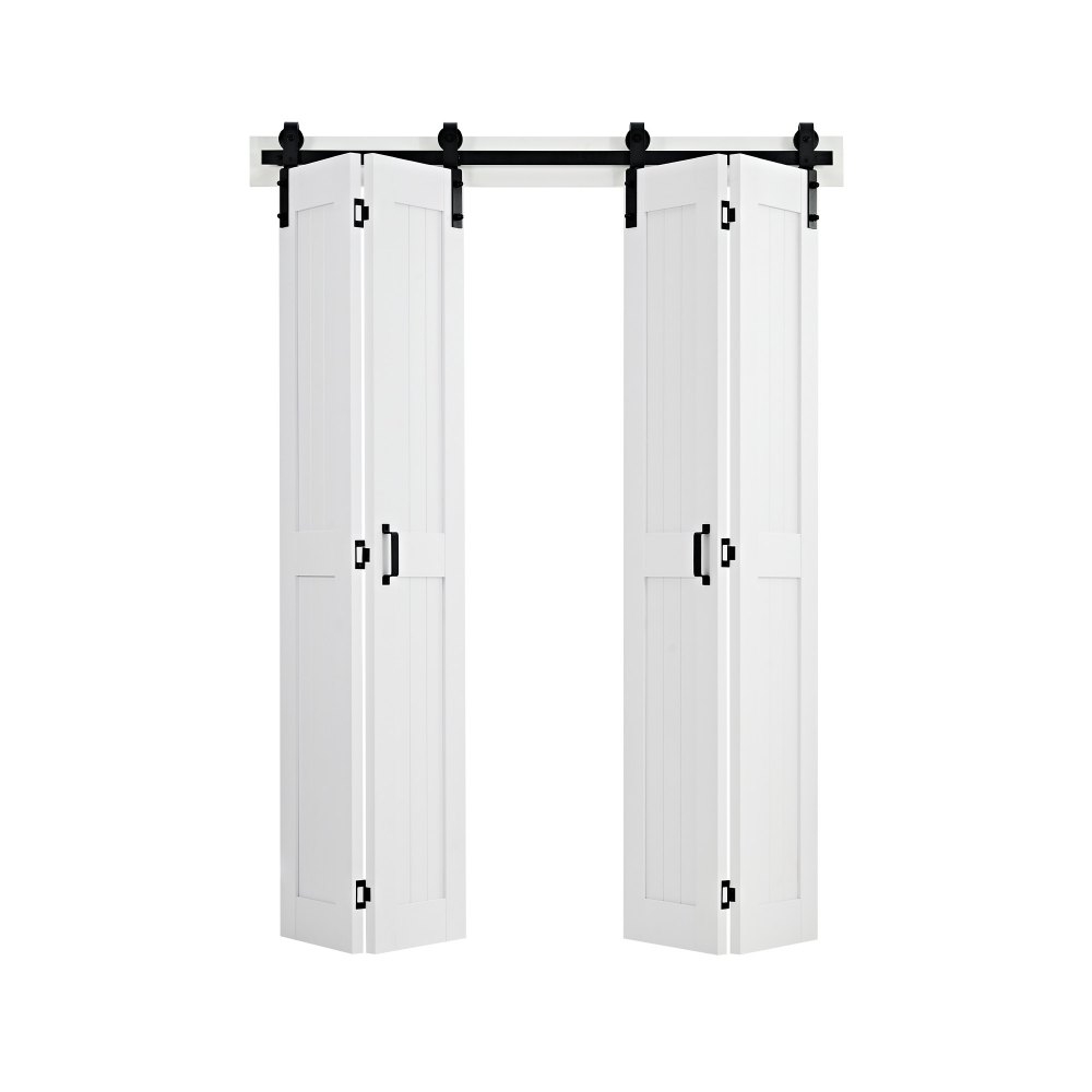 Drzwi przesuwne składane VEVOR w stylu stodoły, 1219 x 2134 mm, wykonane z płyty MDF, z zestawem montażowym, oszczędzającą miejsce konstrukcją ramy H i wstępnie zmontowanymi panelami, drzwi przesuwne składane do sypialni i salonu, białe