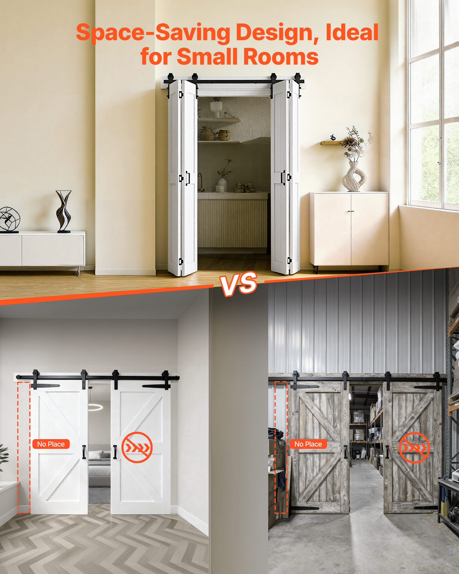 VEVOR Bifold Barn Door, 1219 x 2134 mm, MDF Bi-Fold Sliding Closet Doors, Hardware Kit Included, H-Frame Space-Saving Design, Pre-Assembled Panels for Bedroom, Living Room, and Room Divider, White