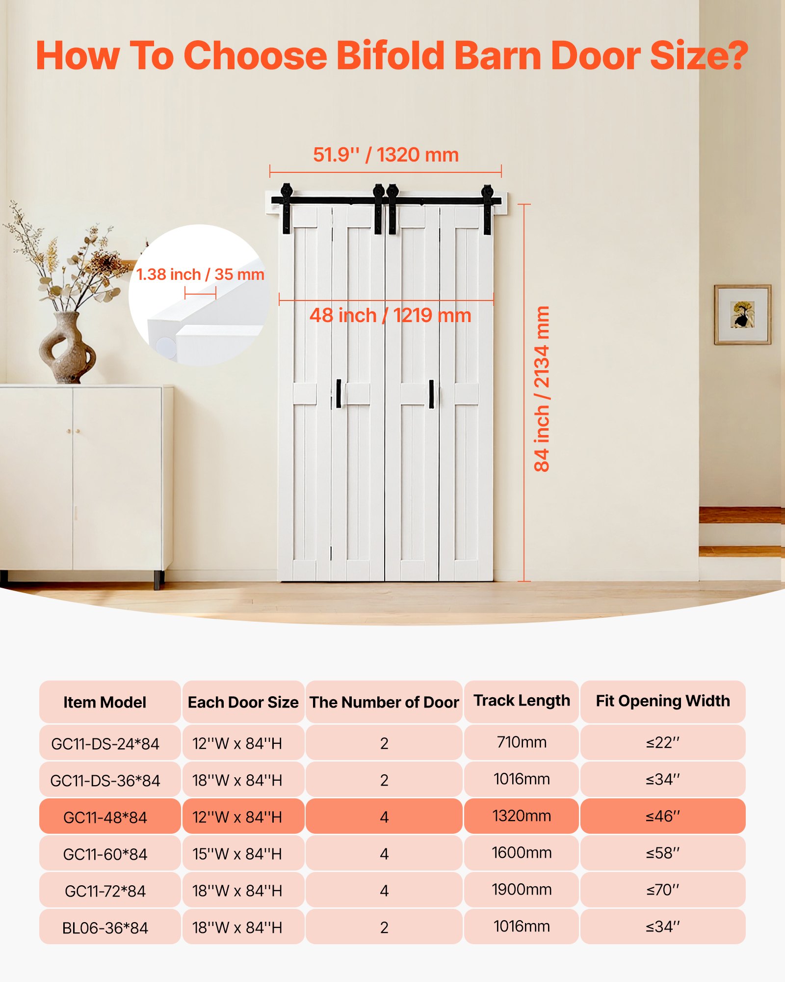 Drzwi przesuwne składane VEVOR w stylu stodoły, 1219 x 2134 mm, wykonane z płyty MDF, z zestawem montażowym, oszczędzającą miejsce konstrukcją ramy H i wstępnie zmontowanymi panelami, drzwi przesuwne składane do sypialni i salonu, białe