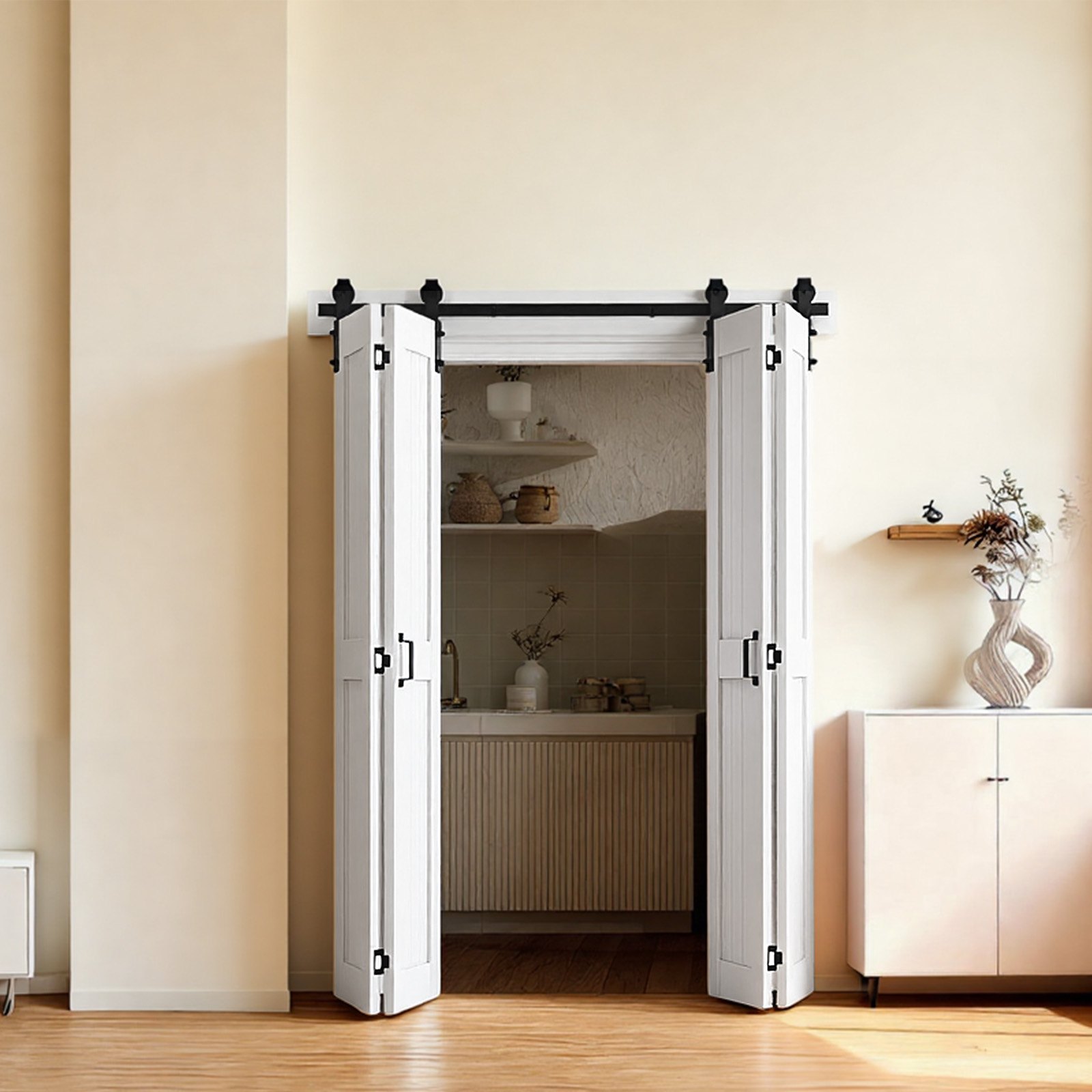 Drzwi przesuwne składane VEVOR w stylu stodoły, 1219 x 2134 mm, wykonane z płyty MDF, z zestawem montażowym, oszczędzającą miejsce konstrukcją ramy H i wstępnie zmontowanymi panelami, drzwi przesuwne składane do sypialni i salonu, białe