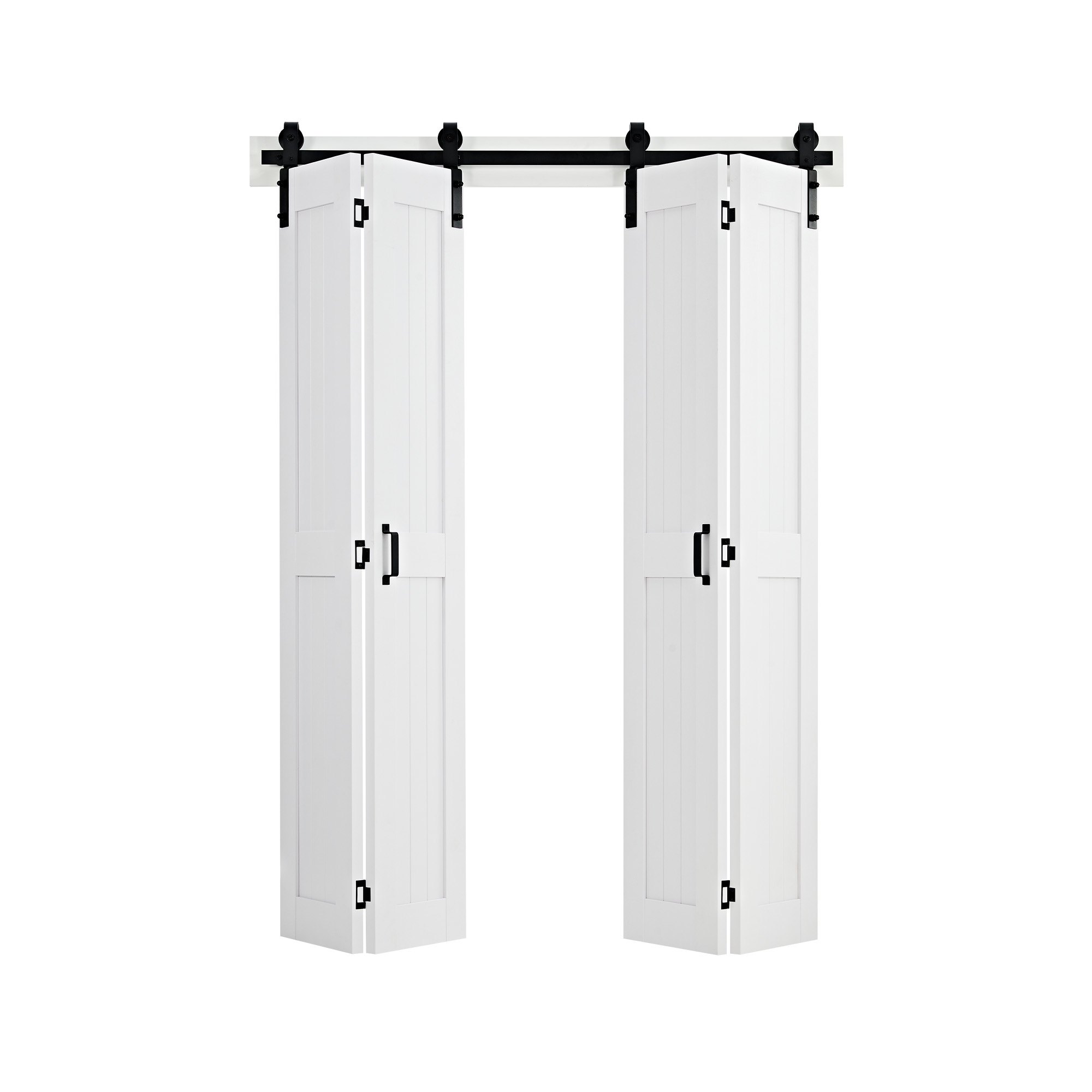 Drzwi przesuwne składane VEVOR w stylu stodoły, 1219 x 2134 mm, wykonane z płyty MDF, z zestawem montażowym, oszczędzającą miejsce konstrukcją ramy H i wstępnie zmontowanymi panelami, drzwi przesuwne składane do sypialni i salonu, białe