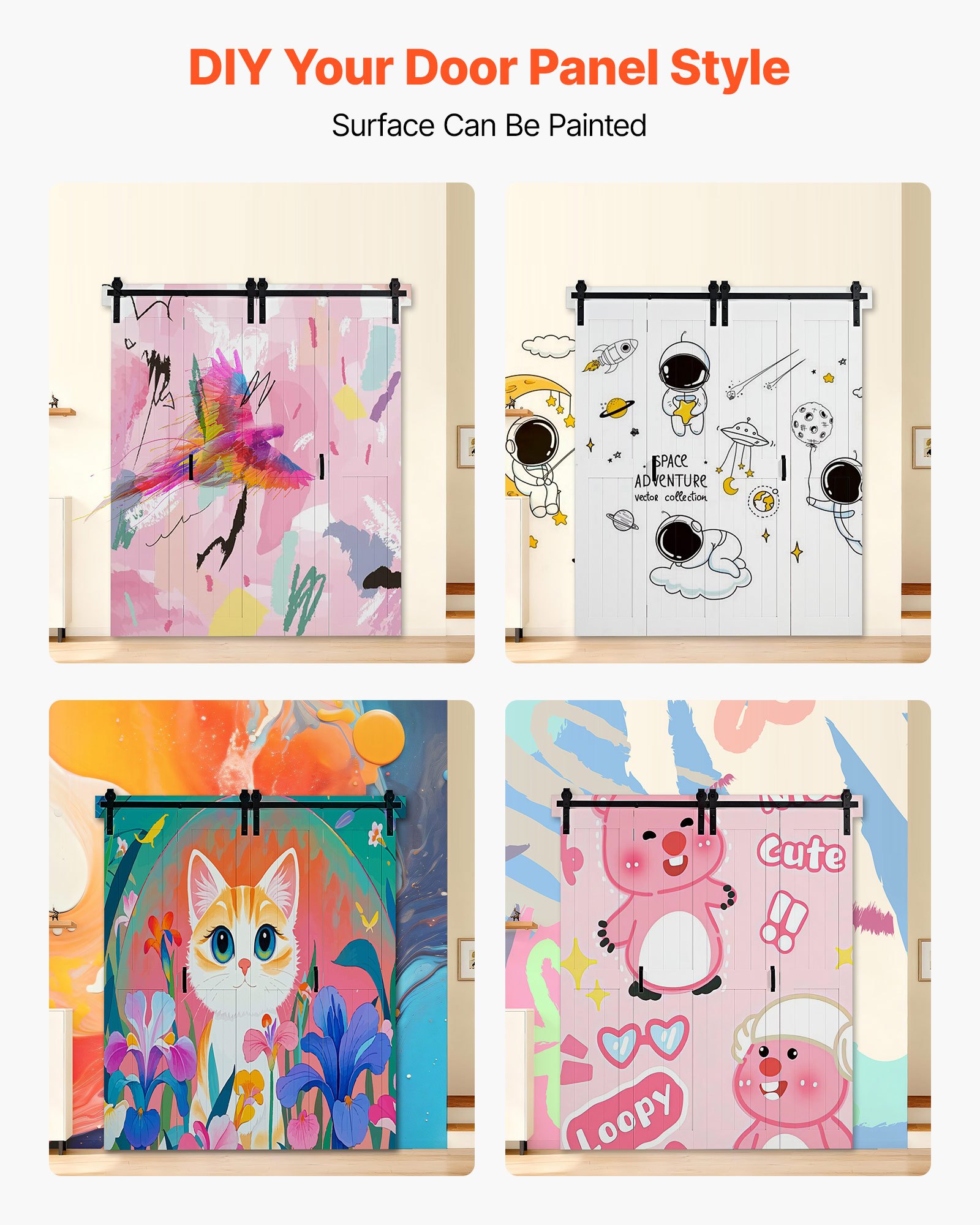 Drzwi przesuwne składane VEVOR w stylu stodoły, 1829 x 2134 mm, wykonane z płyty MDF, z zestawem montażowym, oszczędzającą miejsce konstrukcją ramy H i wstępnie zmontowanymi panelami, drzwi przesuwne składane do sypialni i salonu, białe