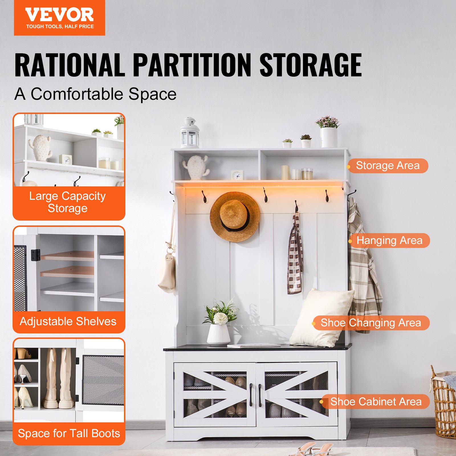 VEVOR Drewniany wieszak na ubrania z ławką i półką na buty, biały wieszak na ubrania z regulowanymi półkami, 7 haczykami, 4 szufladami i listwą świetlną USB, do przedpokoju i korytarza