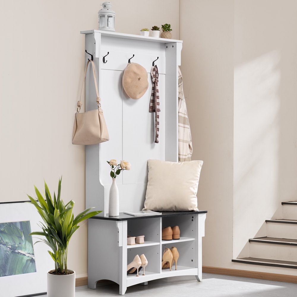 VEVOR Wooden Coat Rack with Bench & Shoe Shelf, White Coat Rack with Adjustable Shelves & 5 Hanging Hooks & 4 Drawers, for Entrance Hallway