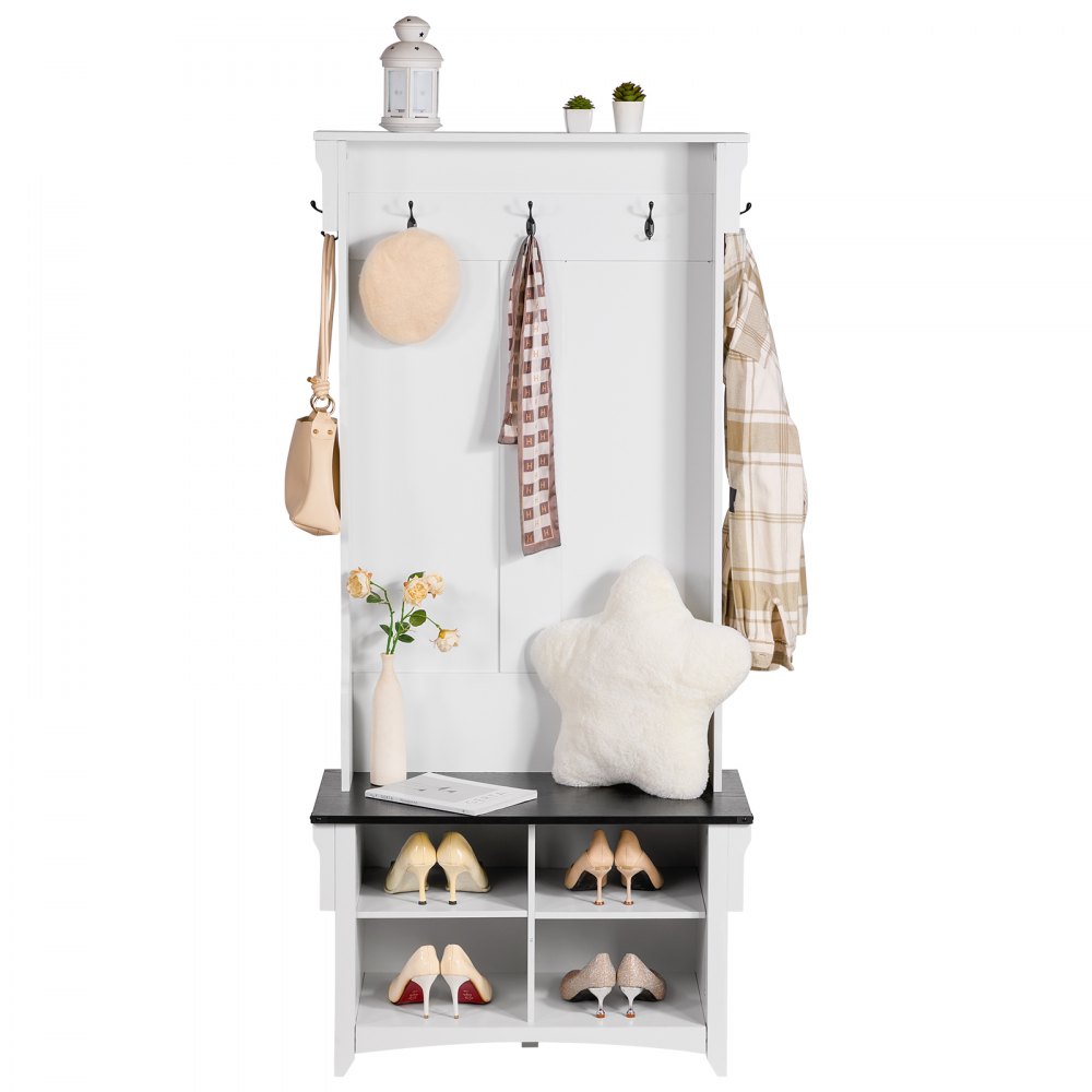 VEVOR Wooden Coat Rack with Bench & Shoe Shelf, White Coat Rack with Adjustable Shelves & 5 Hanging Hooks & 4 Drawers, for Entrance Hallway