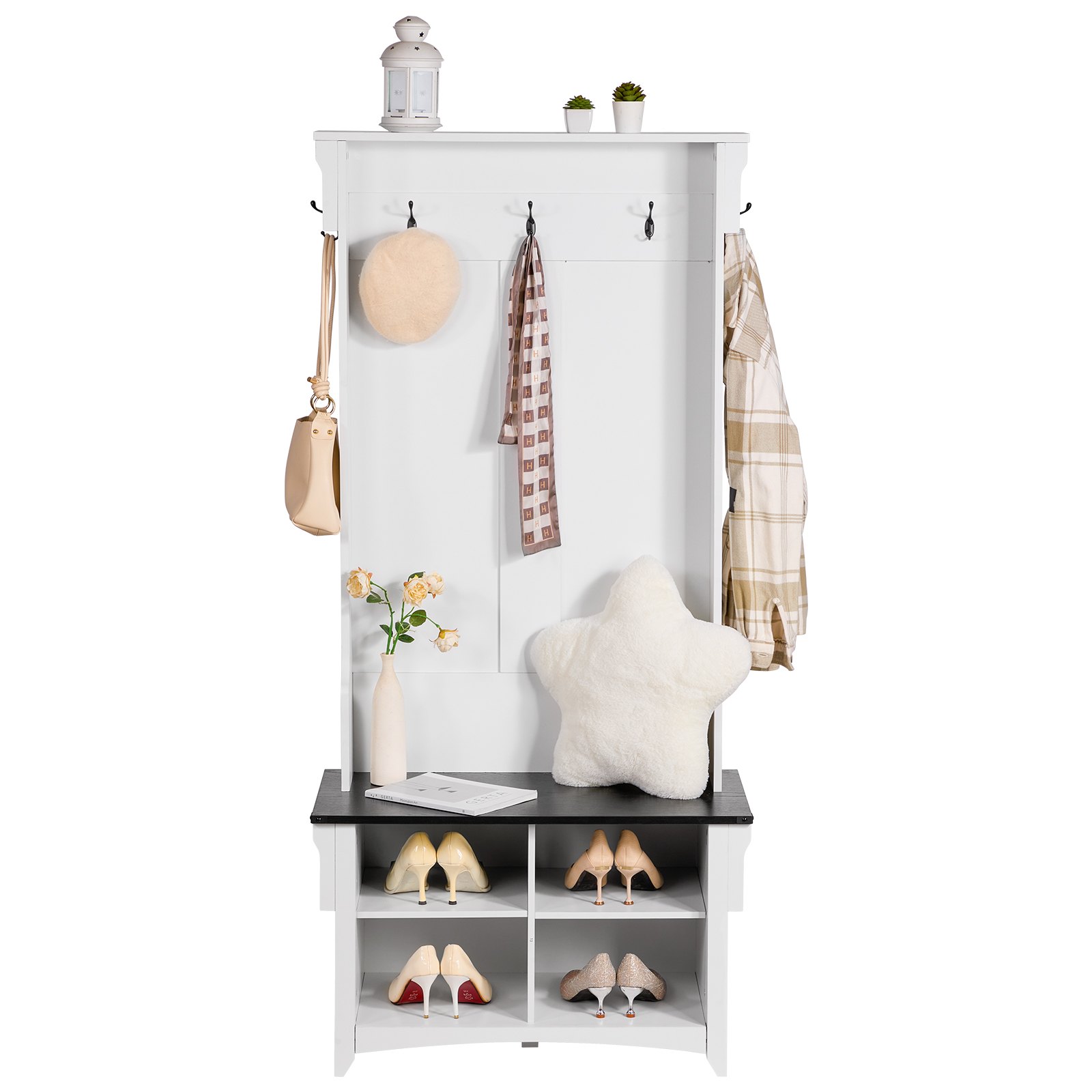 VEVOR Wooden Coat Rack with Bench & Shoe Shelf, White Coat Rack with Adjustable Shelves & 5 Hanging Hooks & 4 Drawers, for Entrance Hallway