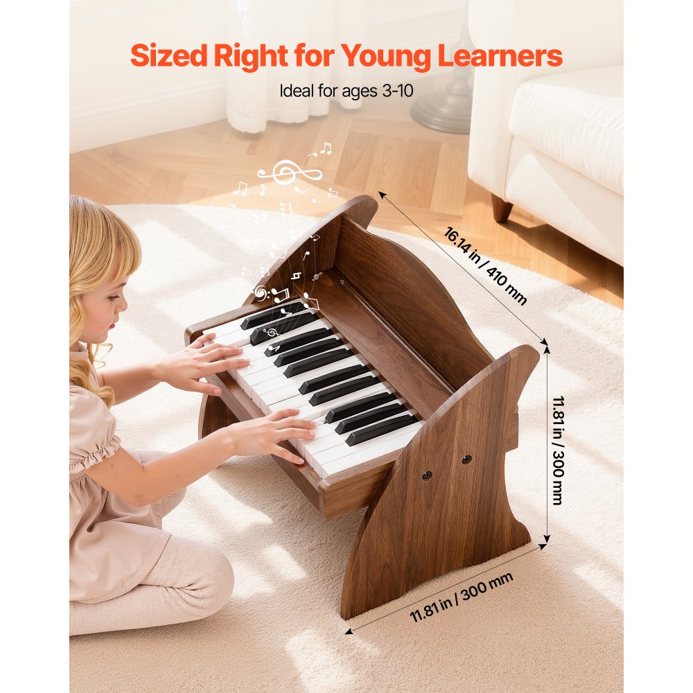 VEVOR Kids Piano Keyboard, 25 Keys Wooden Digital Piano for Kids, Mini Music Educational Instrument Toy with Realistic Sound, Dual Power, Adjustable Volume for Toddlers, Boys Girls Learning, Walnut