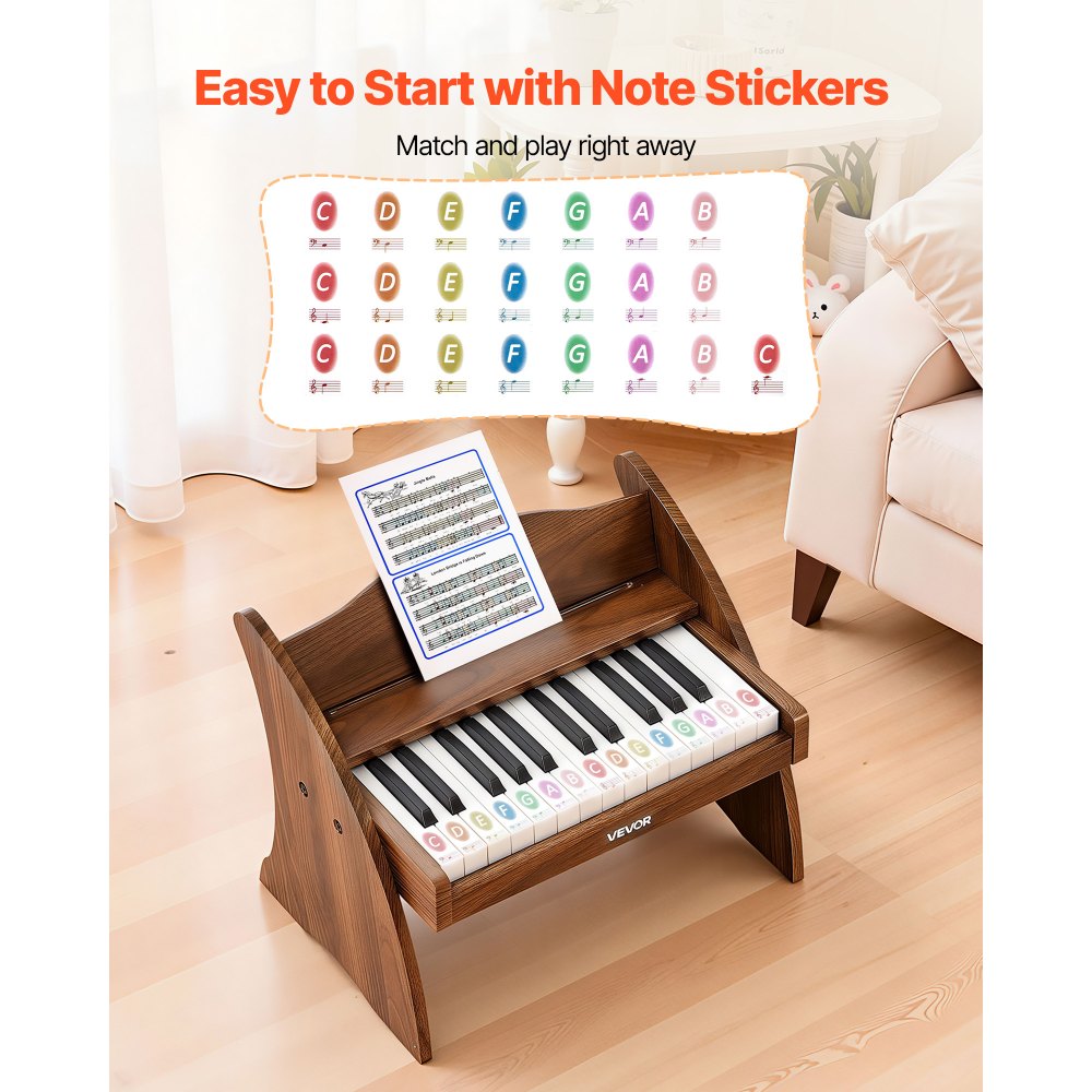 VEVOR Kids Piano Keyboard, 25 Keys Wooden Digital Piano for Kids, Mini Music Educational Instrument Toy with Realistic Sound, Dual Power, Adjustable Volume for Toddlers, Boys Girls Learning, Walnut