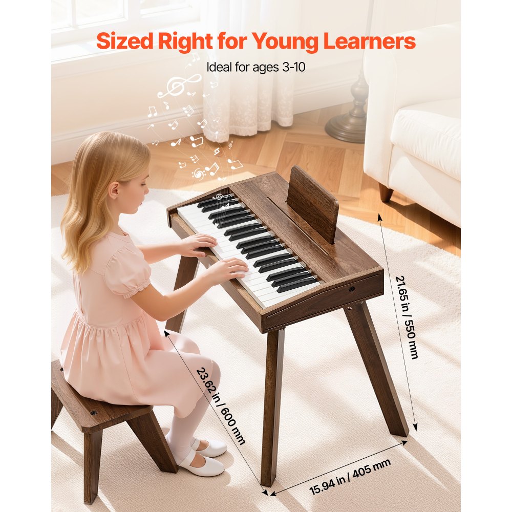 Klawiatura dziecięca VEVOR, 37 klawiszy, drewniane pianino cyfrowe dla dzieci w wieku od 3 lat, zestaw miniaturowych instrumentów muzycznych ze stołkiem, realistyczny dźwięk, podwójne zasilanie, regulowana głośność, orzech włoski