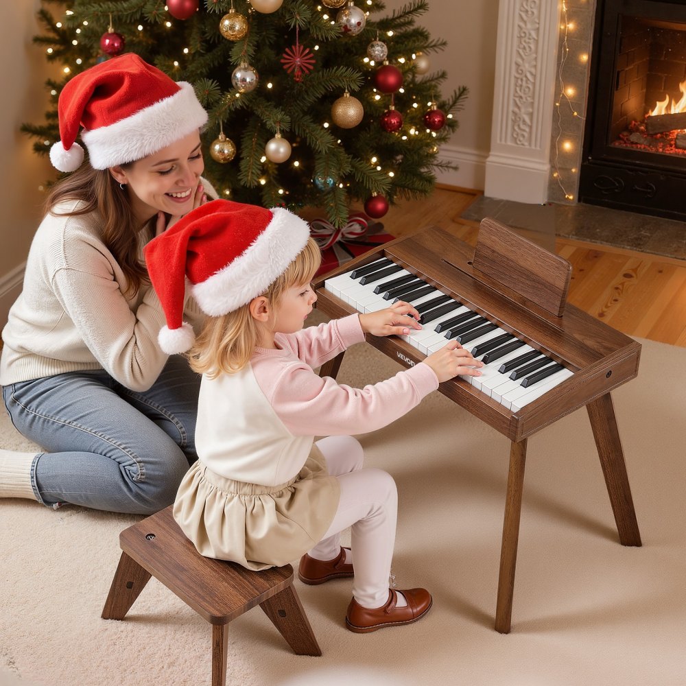 Klawiatura dziecięca VEVOR, 37 klawiszy, drewniane pianino cyfrowe dla dzieci w wieku od 3 lat, zestaw miniaturowych instrumentów muzycznych ze stołkiem, realistyczny dźwięk, podwójne zasilanie, regulowana głośność, orzech włoski