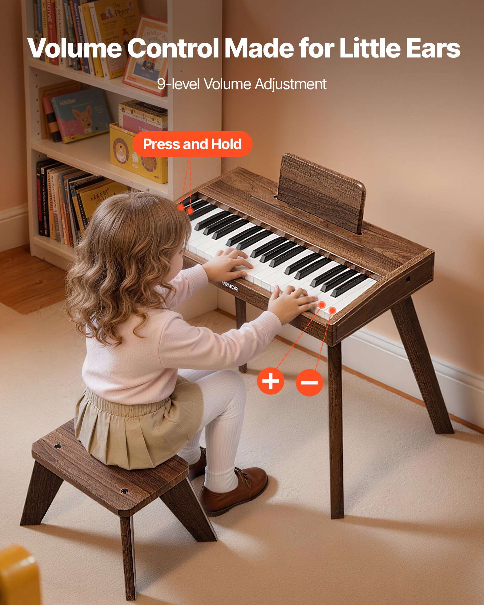 Klawiatura dziecięca VEVOR, 37 klawiszy, drewniane pianino cyfrowe dla dzieci w wieku od 3 lat, zestaw miniaturowych instrumentów muzycznych ze stołkiem, realistyczny dźwięk, podwójne zasilanie, regulowana głośność, orzech włoski