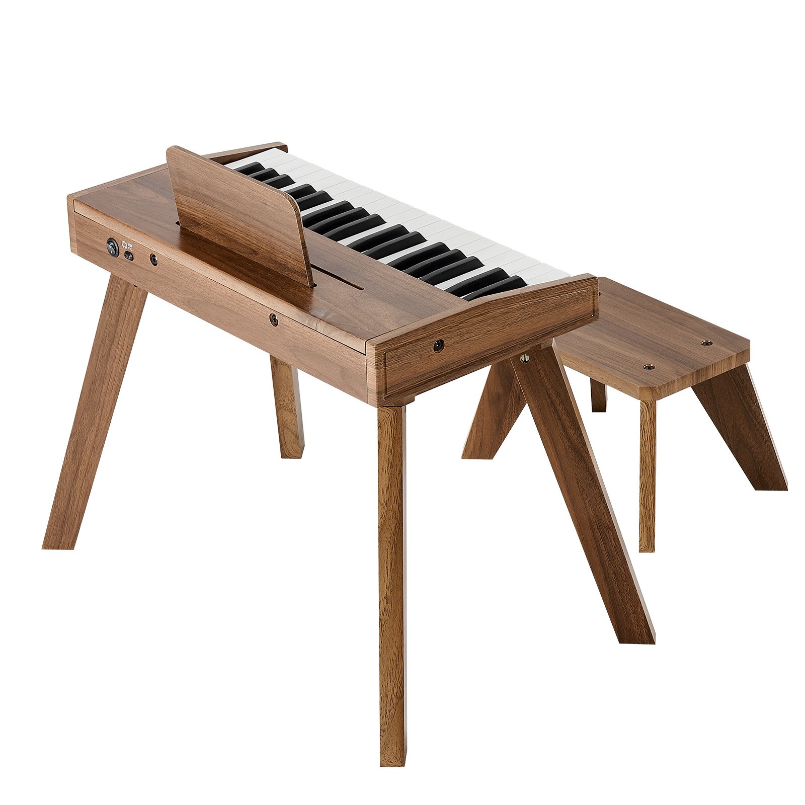 Klawiatura dziecięca VEVOR, 37 klawiszy, drewniane pianino cyfrowe dla dzieci w wieku od 3 lat, zestaw miniaturowych instrumentów muzycznych ze stołkiem, realistyczny dźwięk, podwójne zasilanie, regulowana głośność, orzech włoski