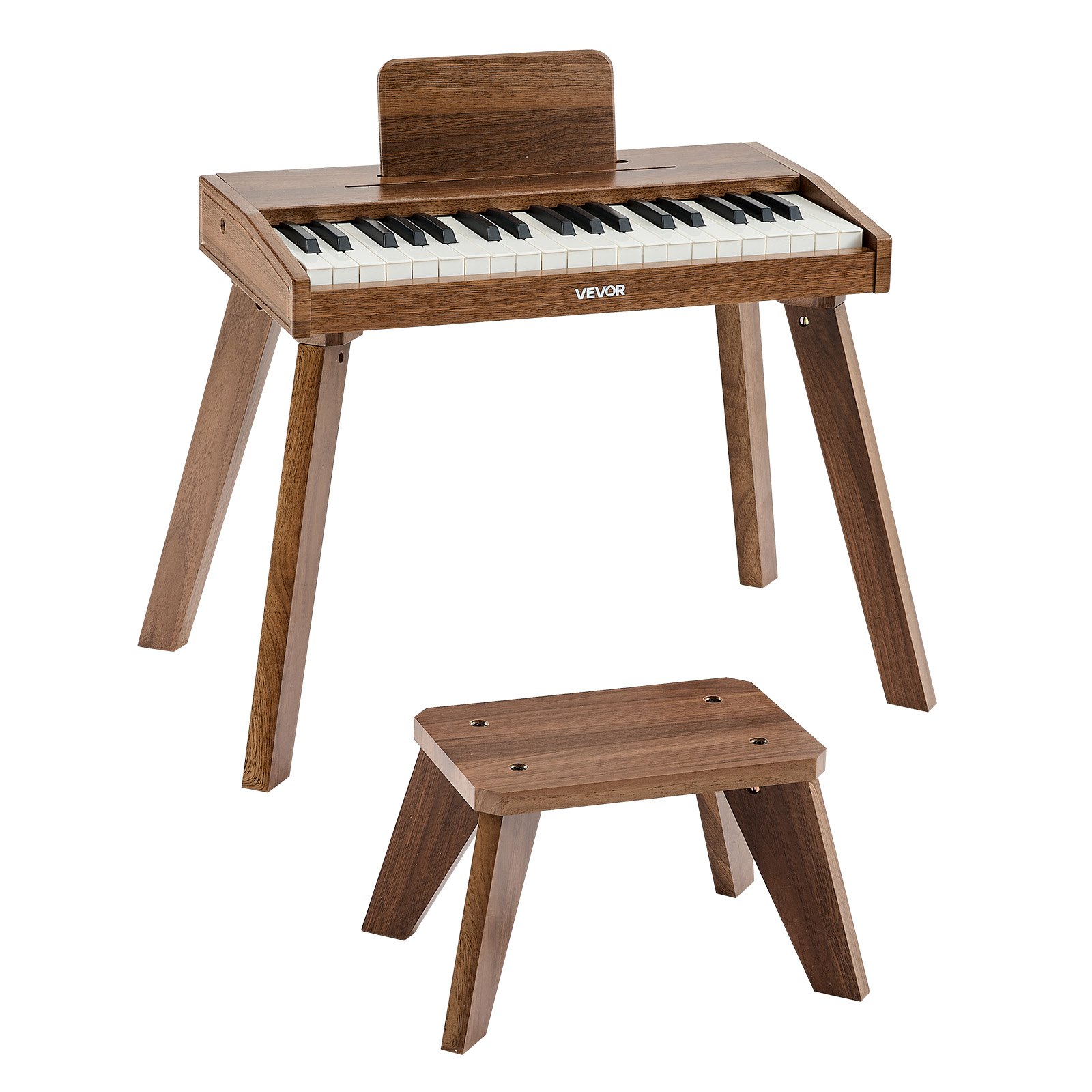 Klawiatura dziecięca VEVOR, 37 klawiszy, drewniane pianino cyfrowe dla dzieci w wieku od 3 lat, zestaw miniaturowych instrumentów muzycznych ze stołkiem, realistyczny dźwięk, podwójne zasilanie, regulowana głośność, orzech włoski