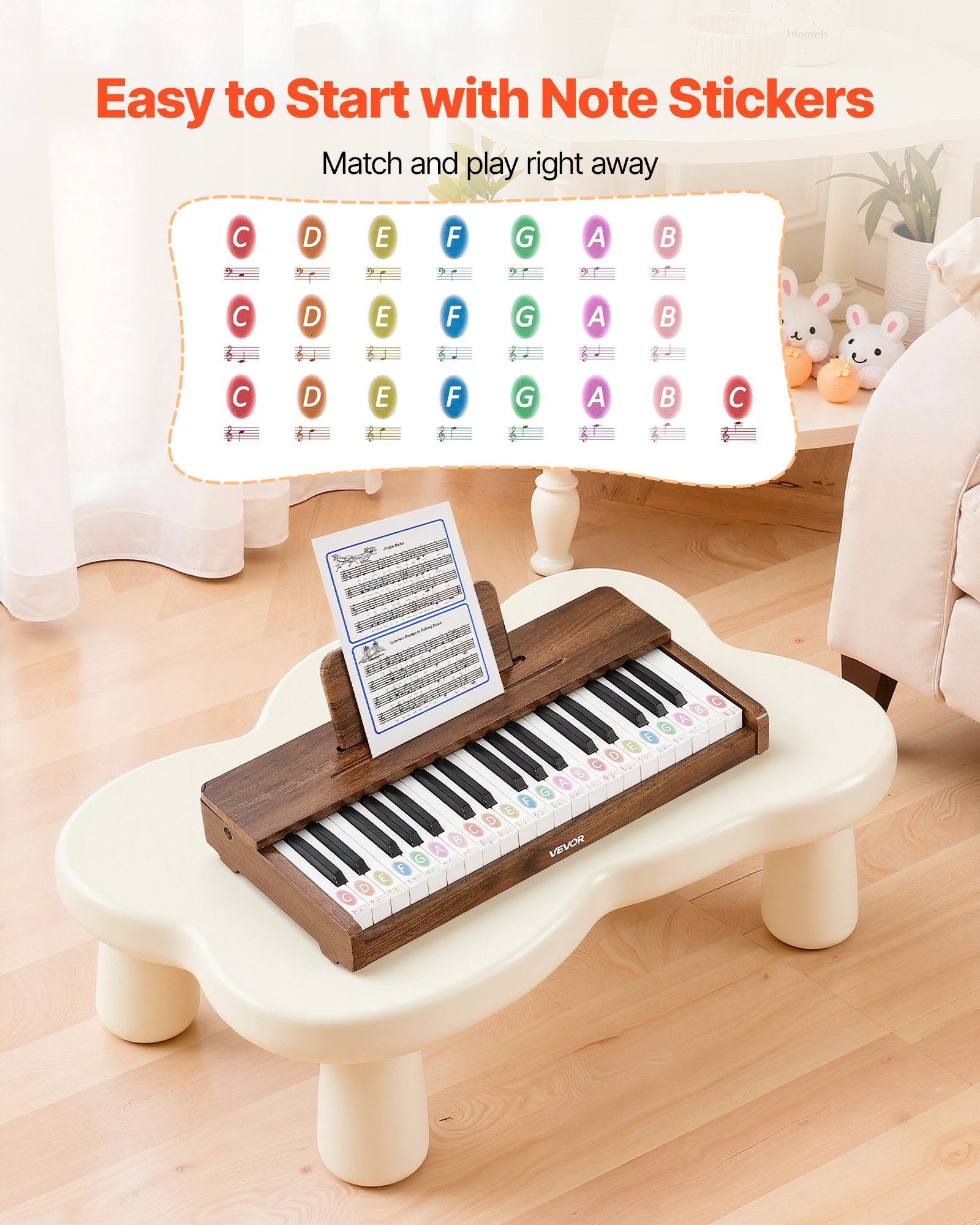 Klawiatura dziecięca VEVOR, 37 klawiszy, cyfrowe pianino drewniane dla dzieci w wieku od 3 lat, miniaturowy instrument muzyczny o realistycznym brzmieniu, podwójne zasilanie, regulowana głośność, wczesna edukacja muzyczna, orzech włoski