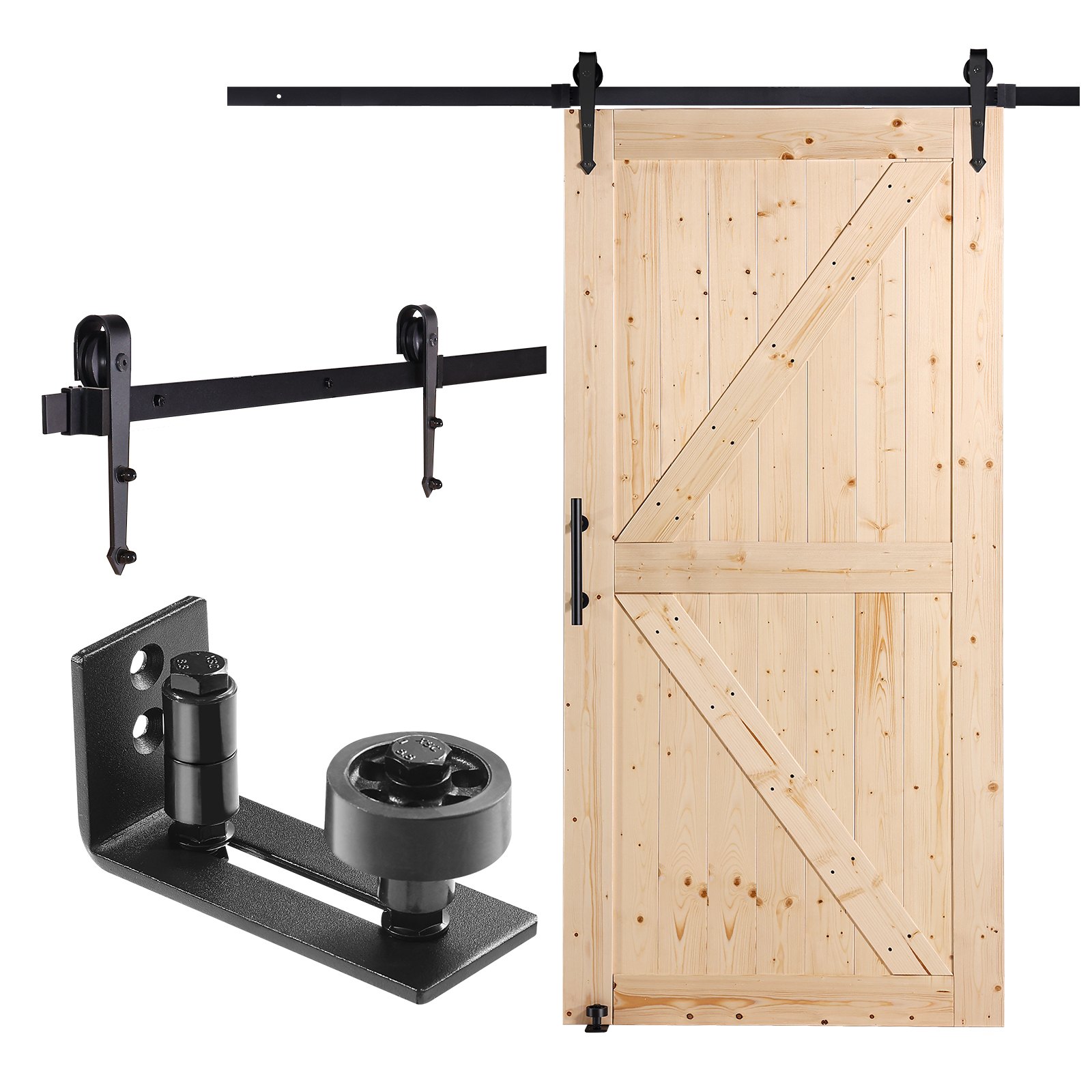 Zestaw drzwi stodołowych i okuć VEVOR, system drzwi przesuwnych, 1067 x 2134 mm, drzwi przesuwne stodołowe z drewna i szkła, zestaw cichych drzwi stodołowych z prowadnicą podłogową 8 w 1 i klamką, panel z drewna świerkowego, do salonu itp.
