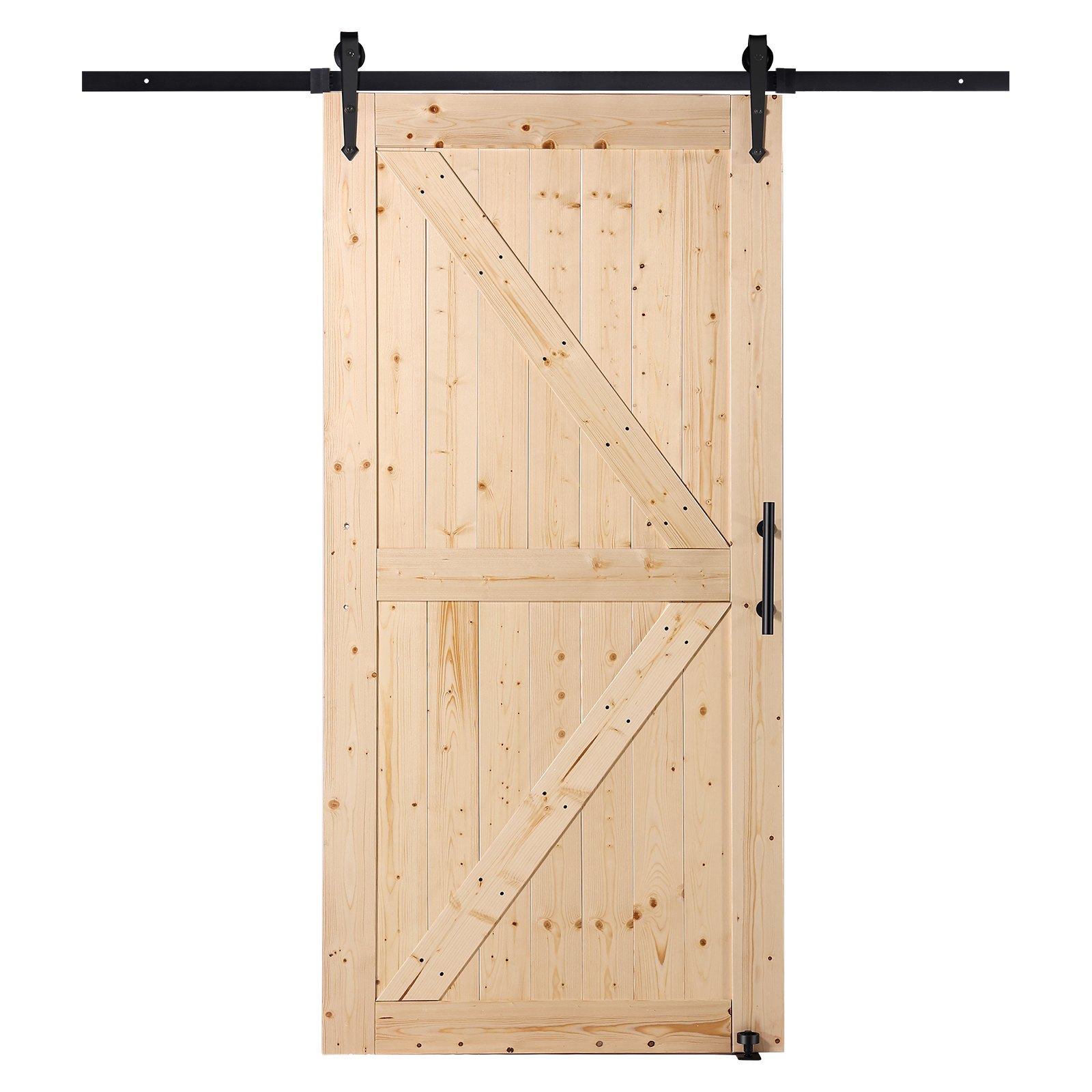Zestaw drzwi stodołowych i okuć VEVOR, system drzwi przesuwnych, 1067 x 2134 mm, drzwi przesuwne stodołowe z drewna i szkła, zestaw cichych drzwi stodołowych z prowadnicą podłogową 8 w 1 i klamką, panel z drewna świerkowego, do salonu itp.