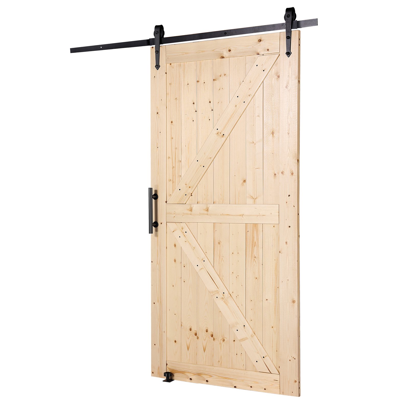 Zestaw drzwi stodołowych i okuć VEVOR, system drzwi przesuwnych, 1067 x 2134 mm, drzwi przesuwne stodołowe z drewna i szkła, zestaw cichych drzwi stodołowych z prowadnicą podłogową 8 w 1 i klamką, panel z drewna świerkowego, do salonu itp.