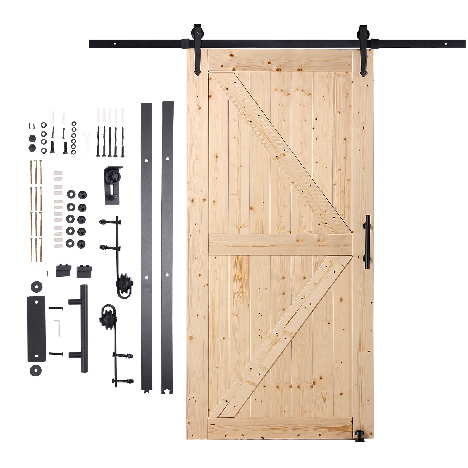 Zestaw drzwi stodołowych i okuć VEVOR, system drzwi przesuwnych, 1067 x 2134 mm, drzwi przesuwne stodołowe z drewna i szkła, zestaw cichych drzwi stodołowych z prowadnicą podłogową 8 w 1 i klamką, panel z drewna świerkowego, do salonu itp.