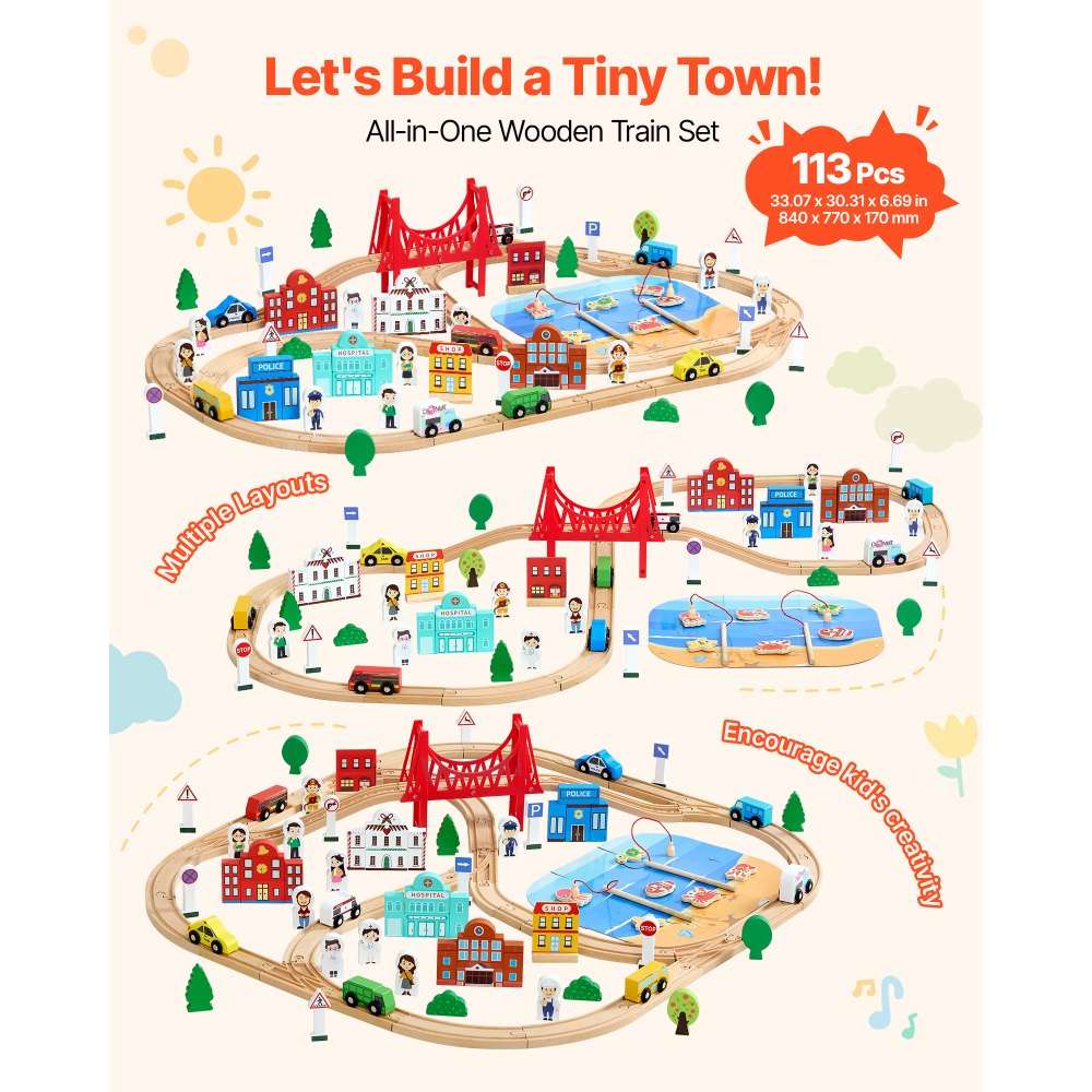 Zestaw drewnianych pociągów VEVOR, 113 elementów, zabawka z pociągiem i schowkiem, zestaw do zabawy z pociągiem miejskim, kompatybilny z większością marek, prezent świąteczny i urodzinowy dla dzieci w wieku od 3 lat