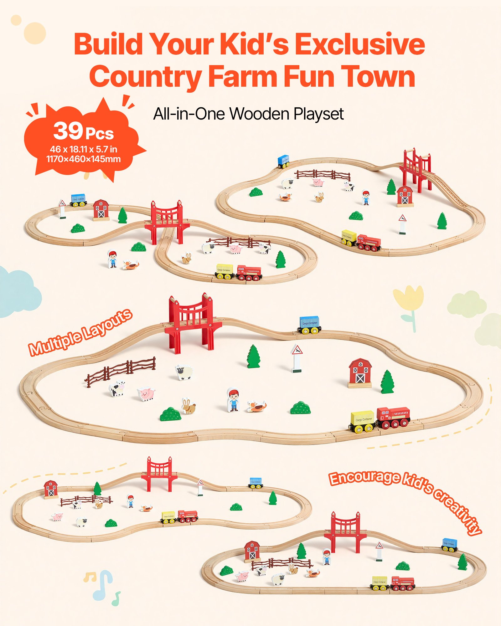 Zestaw drewnianych pociągów VEVOR, 39 elementów, zabawka z pociągami magnetycznymi i akcesoriami, kompatybilny z większością marek, miniaturowy wzór miasta, prezent świąteczny i urodzinowy dla dzieci w wieku od 3 lat