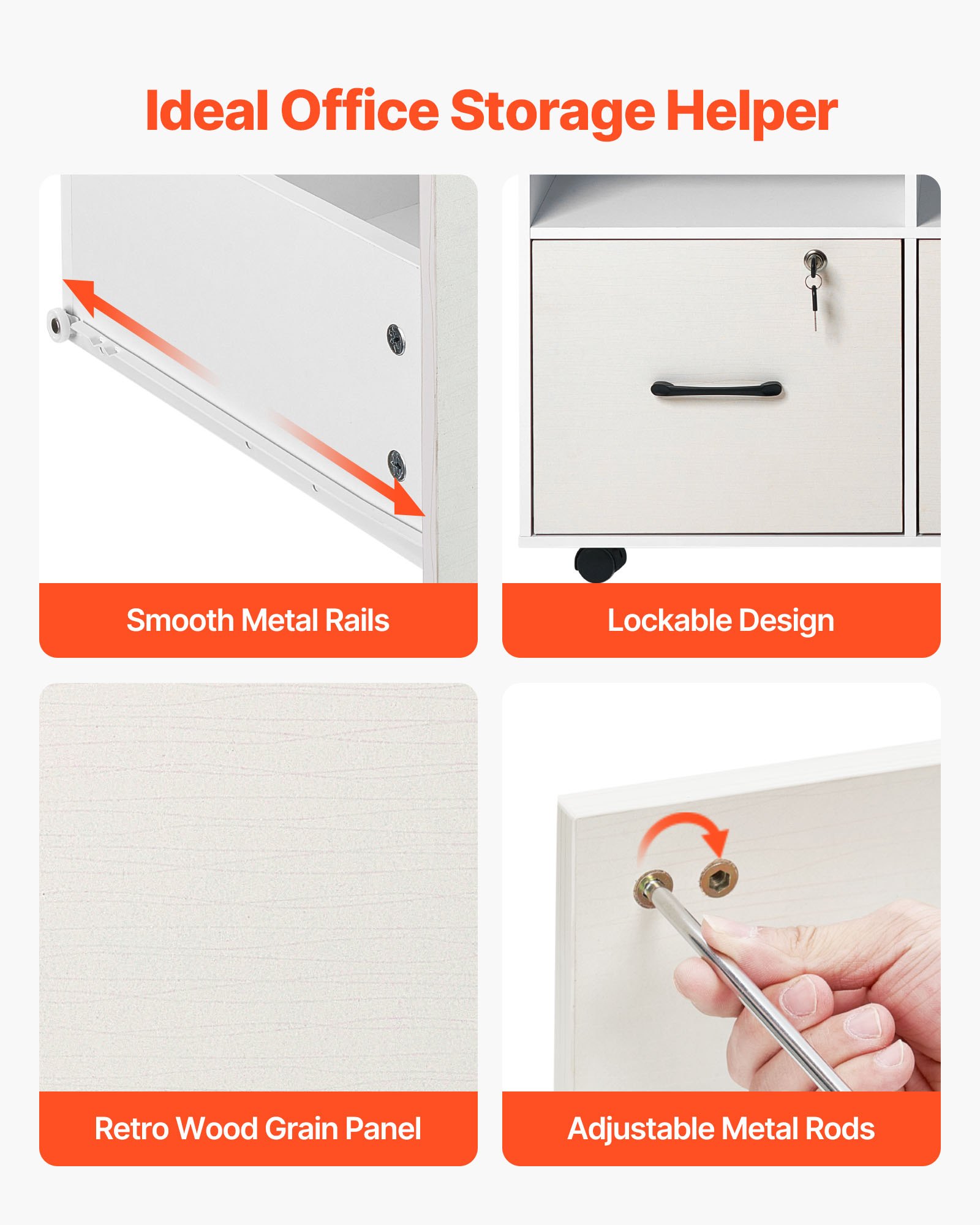 Drewniana szafka na dokumenty VEVOR z 2 szufladami, mobilna szafka biurowa z otwartymi półkami, zamykana na klucz, boczna, jezdna szafka na dokumenty z regulowanymi półkami, stojak na drukarkę do szkolnego biura, biała