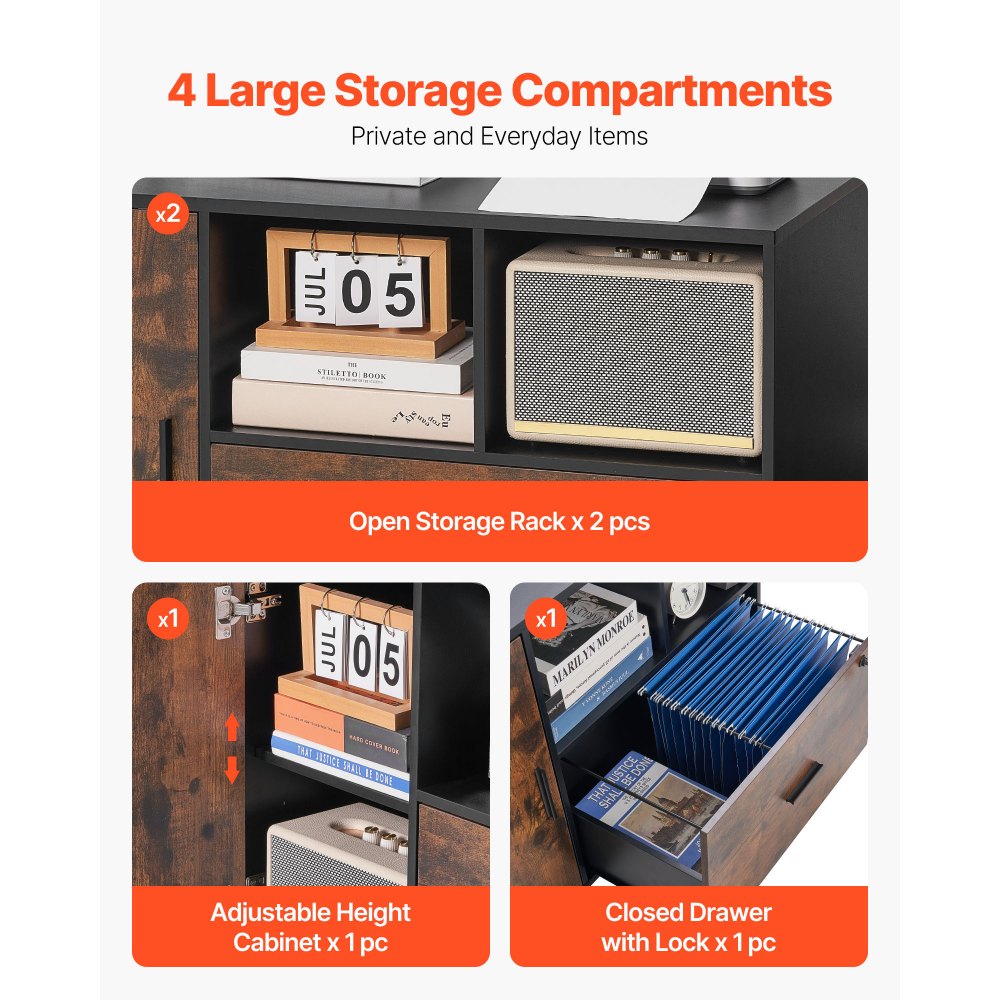 VEVOR Wood File Cabinet, Mobile Filing Cabinet with Open Shelves, Lockable Lateral Rolling File Storage with Adjustable Shelves, Free Standing Printer Stand for Home, Office, School, Rustic Brown