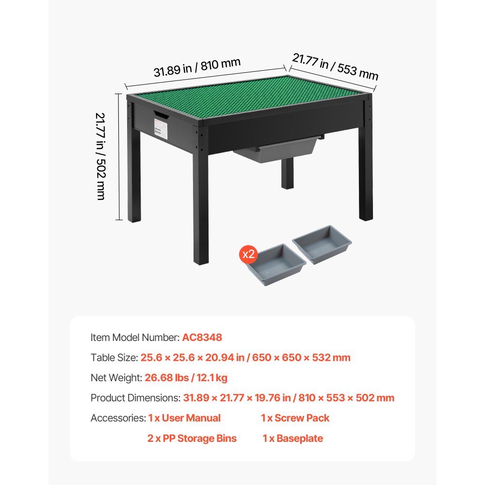 VEVOR Stolik dziecięcy 810 x 553 x 502 mm, Drewniany stół do zabawy, Dwustronny blat z klocków, Wielofunkcyjny stół do zabawy z 2 pojemnikami do przechowywania, Prezent dla dzieci w wieku 3 lat i starszych, Czarny