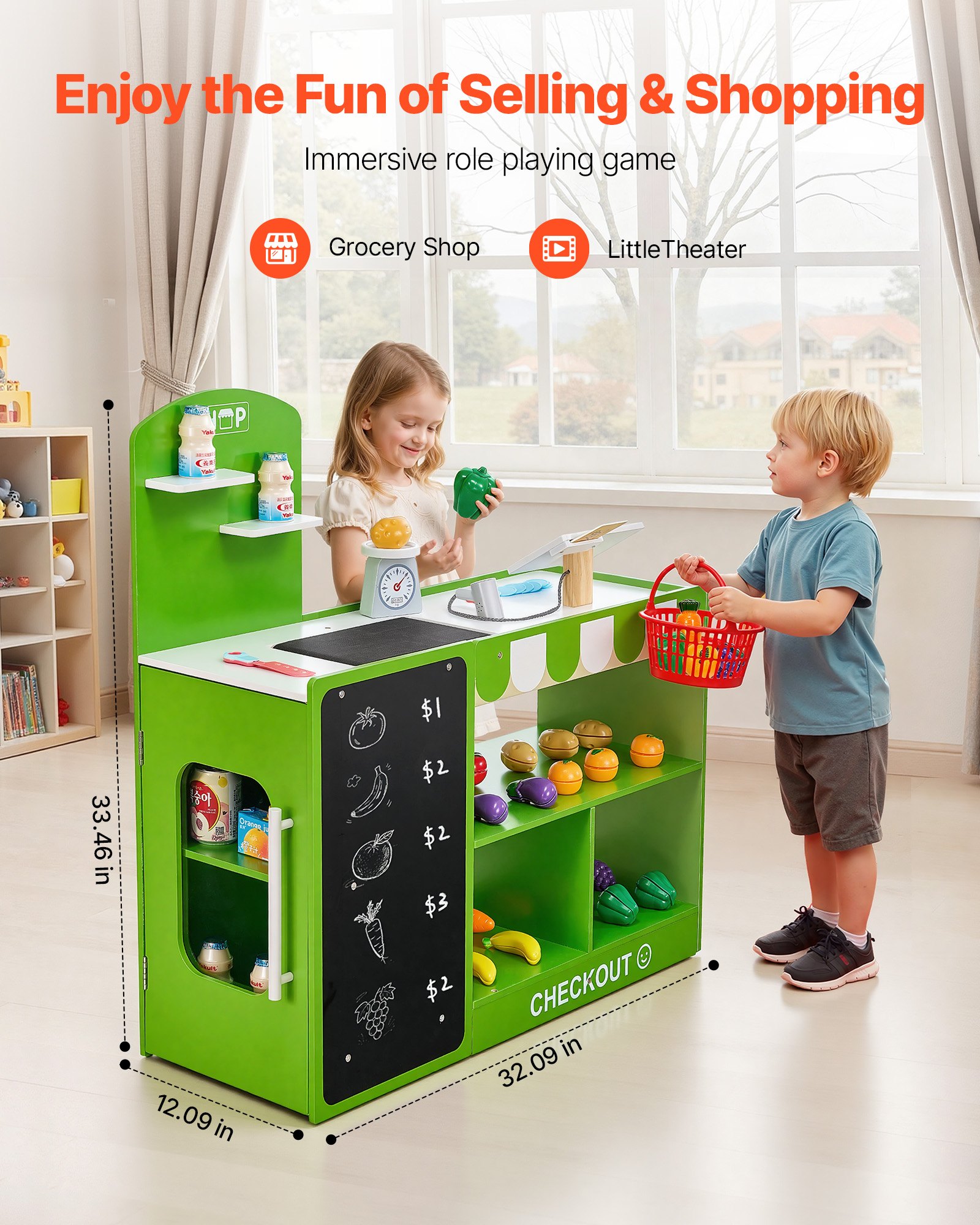 VEVOR Shop Playset, Wooden Toy, 35 Pieces, Children's Supermarket Play Store with Shopping Bag, Conveyor Belt, Scanner, Cash Register, Realistic Fruit and Vegetables, for Children Ages 3 and Up