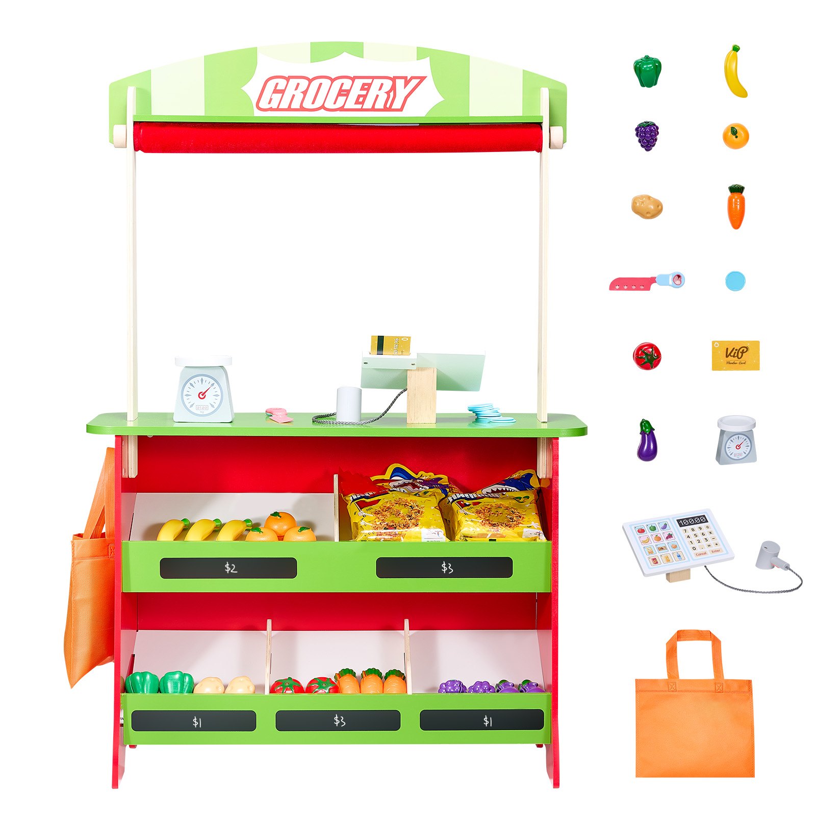 VEVOR 2-in-1 Playset: Wooden Puppet Theater with Curtains, Shop, Double-Sided Wooden Game with Chalkboard and Cash Register, Market Stall for Role-Playing for Children Ages 3 and Up