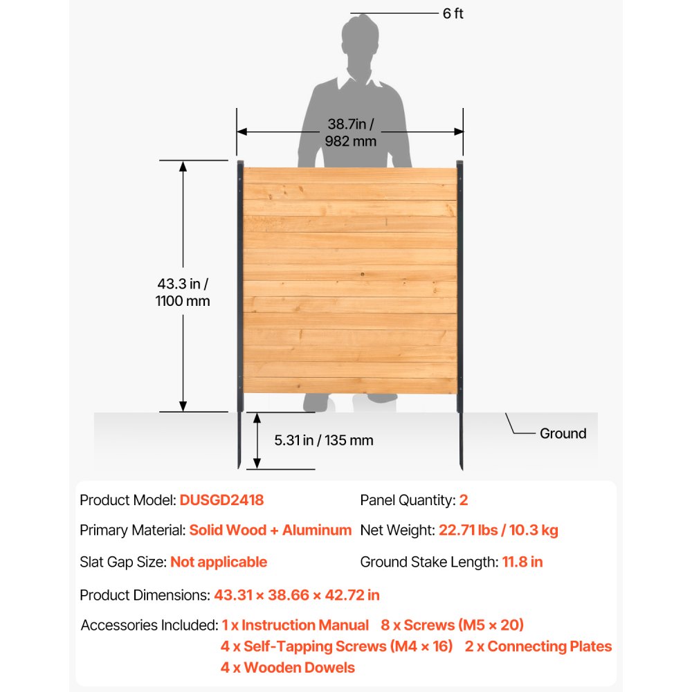 VEVOR wooden privacy fence, 1100x982 mm, 2 panels, slatted fence for air conditioners, fencing for pool equipment with metal posts, garden fence, outdoor bin enclosure as garden decoration