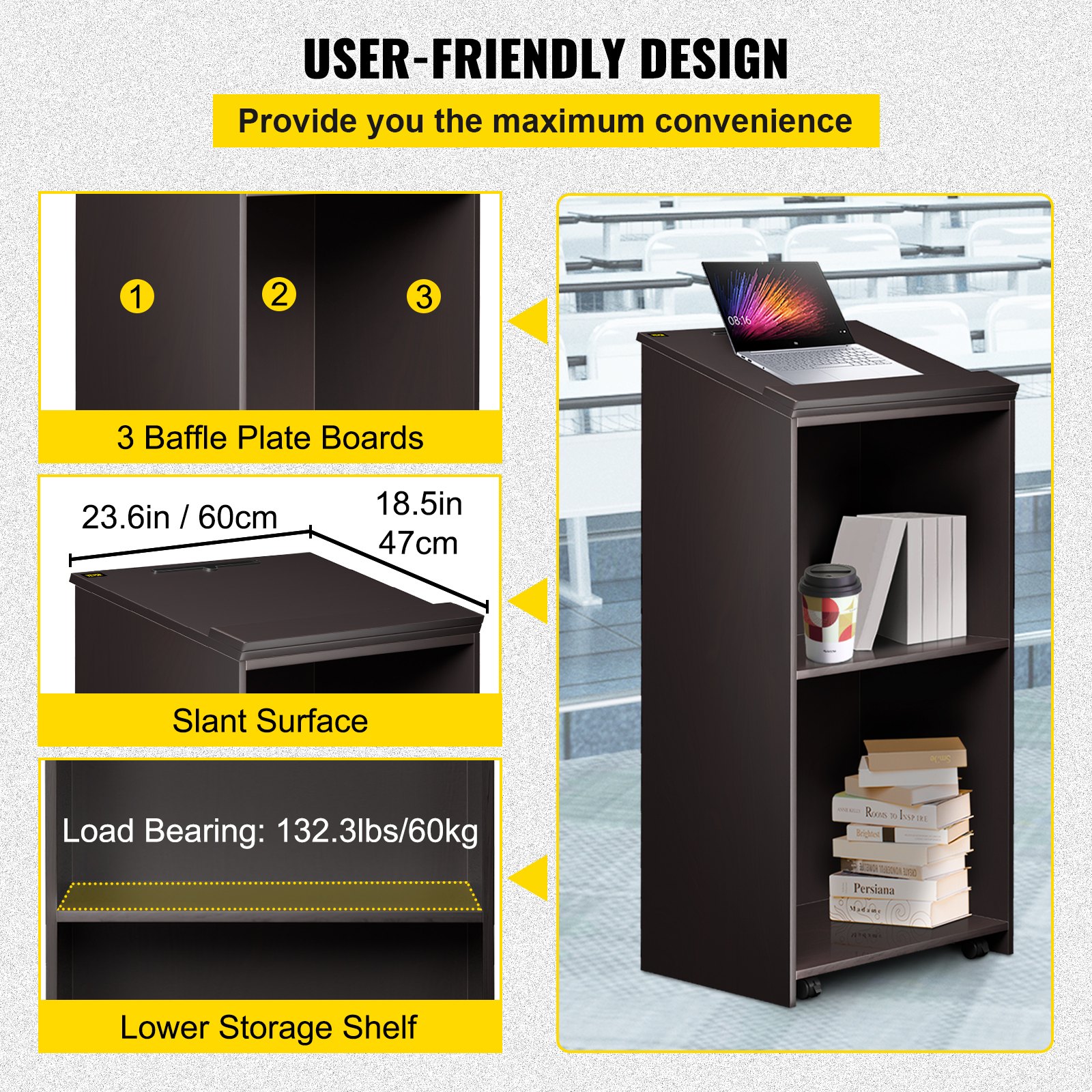 VEVOR wysoka mównica mównica 4 kółka mobilna półka na biurko czarna