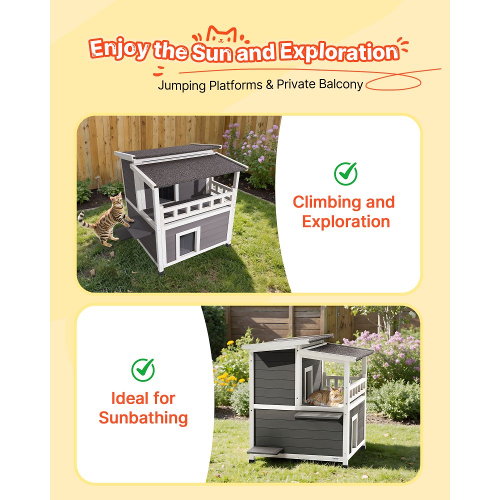 VEVOR Insulated Cat House, 2-Story Wooden Cat Shelter, Foam Insulation, Feral Kitty Shelter with Balcony, Waterproof Cats Condos for Indoor & Outdoor 1-3 Cats in Winter 84 × 75 × 82  cm