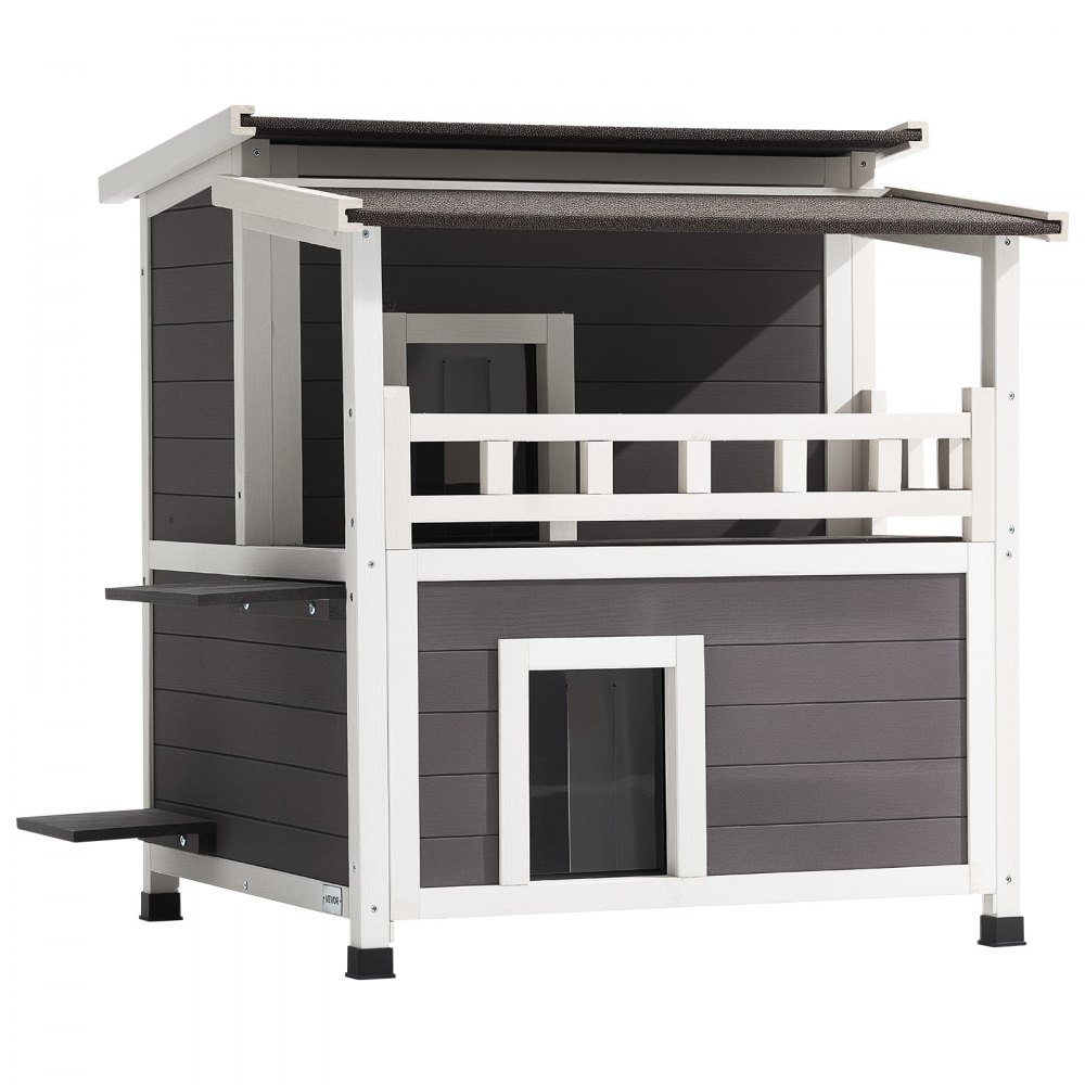 VEVOR Insulated Cat House, 2-Story Wooden Cat Shelter, Foam Insulation, Feral Kitty Shelter with Balcony, Waterproof Cats Condos for Indoor & Outdoor 1-3 Cats in Winter 84 × 75 × 82  cm