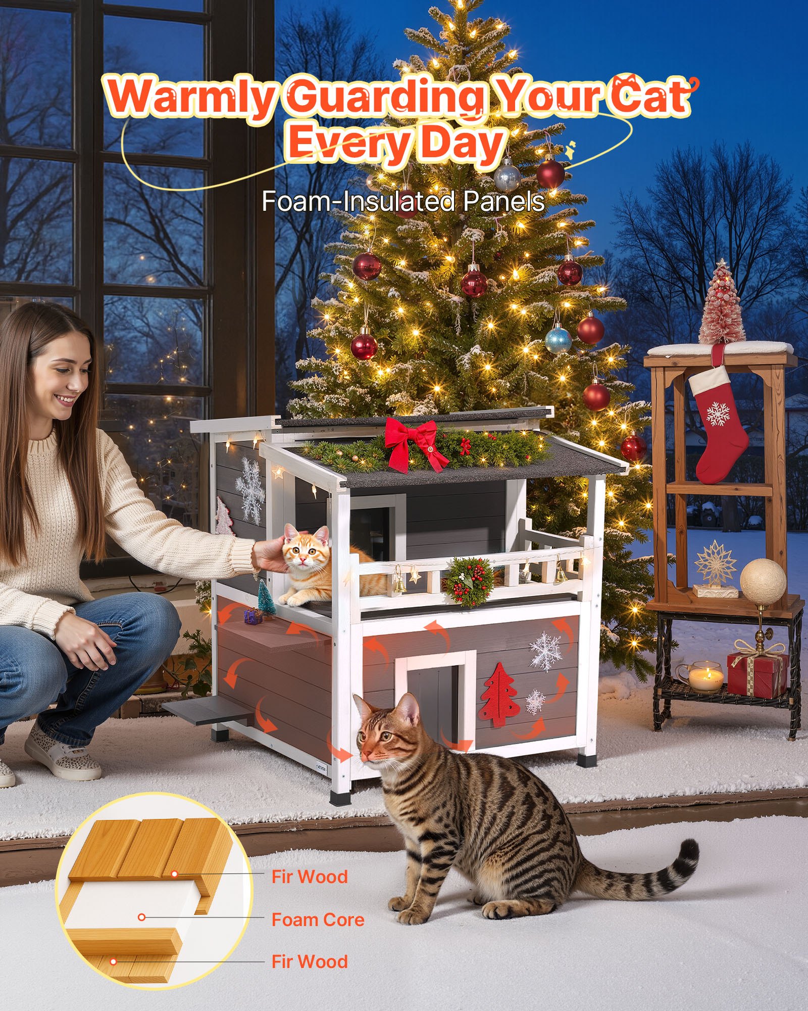 VEVOR Insulated Cat House, 2-Story Wooden Cat Shelter, Foam Insulation, Feral Kitty Shelter with Balcony, Waterproof Cats Condos for Indoor & Outdoor 1-3 Cats in Winter 84 × 75 × 82  cm