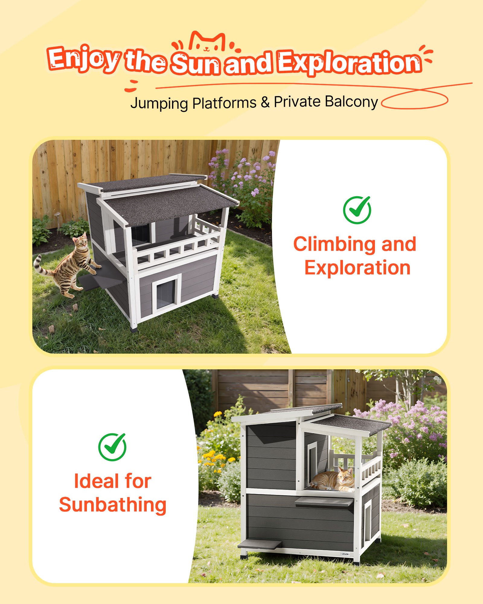 VEVOR Insulated Cat House, 2-Story Wooden Cat Shelter, Foam Insulation, Feral Kitty Shelter with Balcony, Waterproof Cats Condos for Indoor & Outdoor 1-3 Cats in Winter 84 × 75 × 82  cm