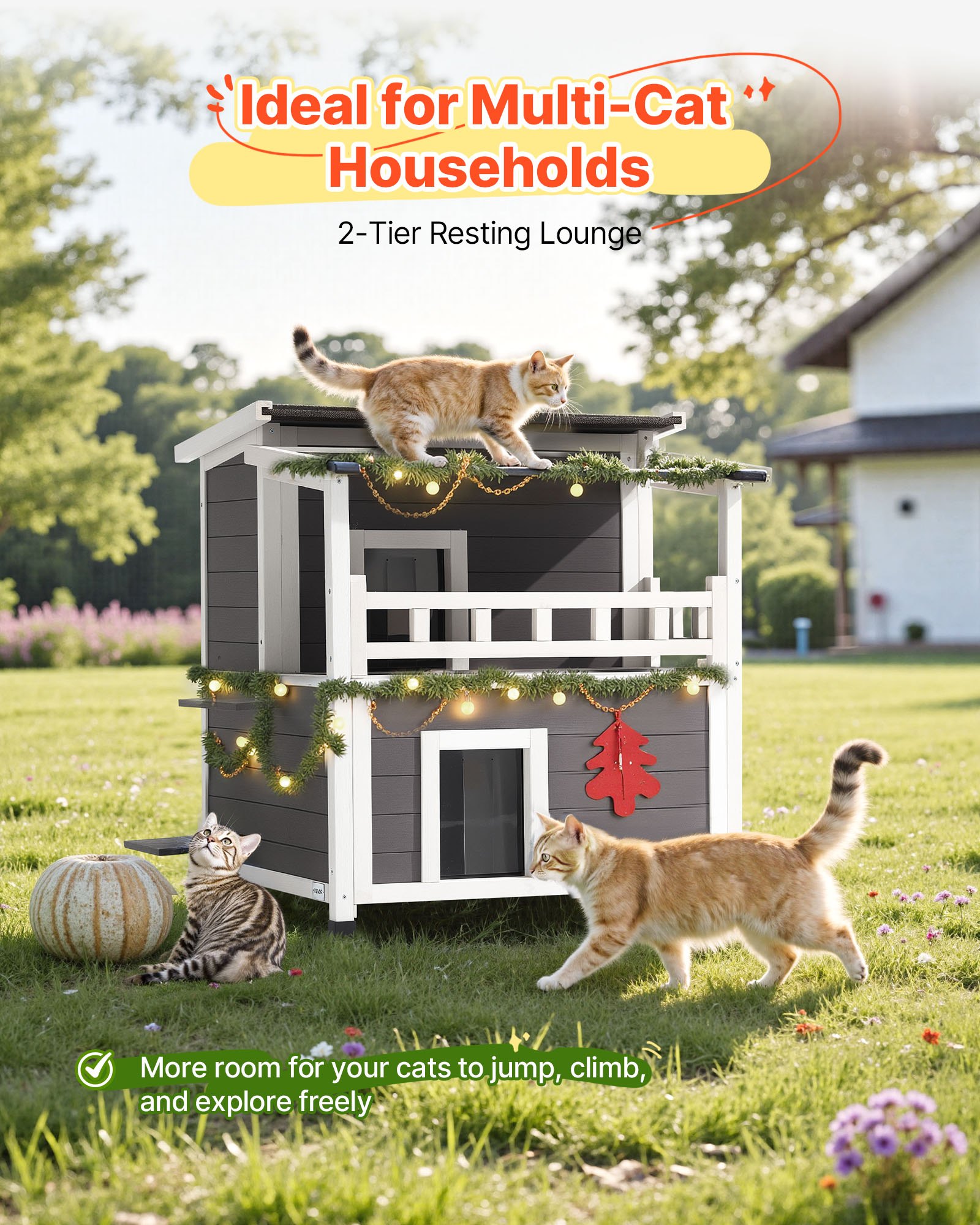 VEVOR Insulated Cat House, 2-Story Wooden Cat Shelter, Foam Insulation, Feral Kitty Shelter with Balcony, Waterproof Cats Condos for Indoor & Outdoor 1-3 Cats in Winter 84 × 75 × 82  cm