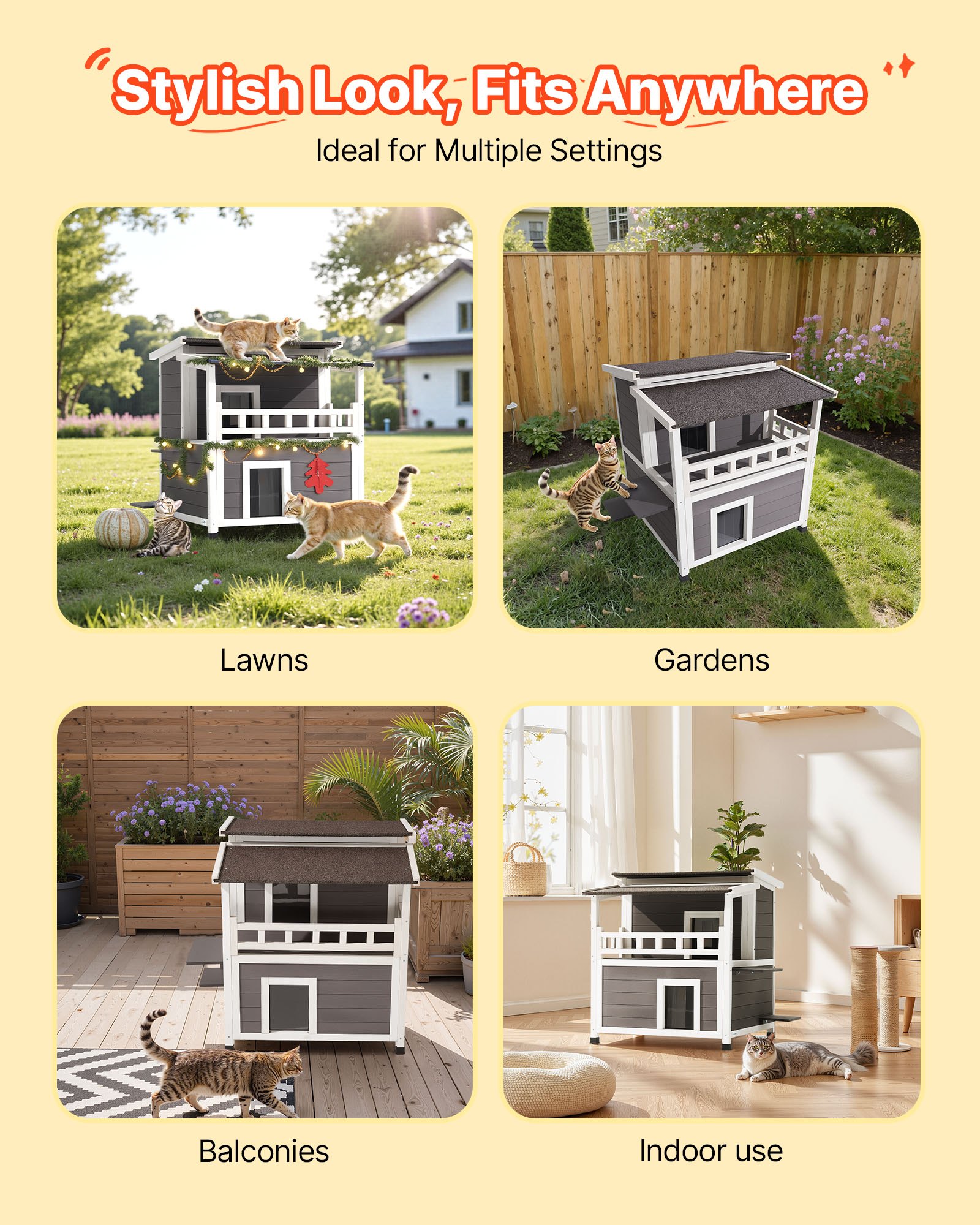 VEVOR Insulated Cat House, 2-Story Wooden Cat Shelter, Foam Insulation, Feral Kitty Shelter with Balcony, Waterproof Cats Condos for Indoor & Outdoor 1-3 Cats in Winter 84 × 75 × 82  cm