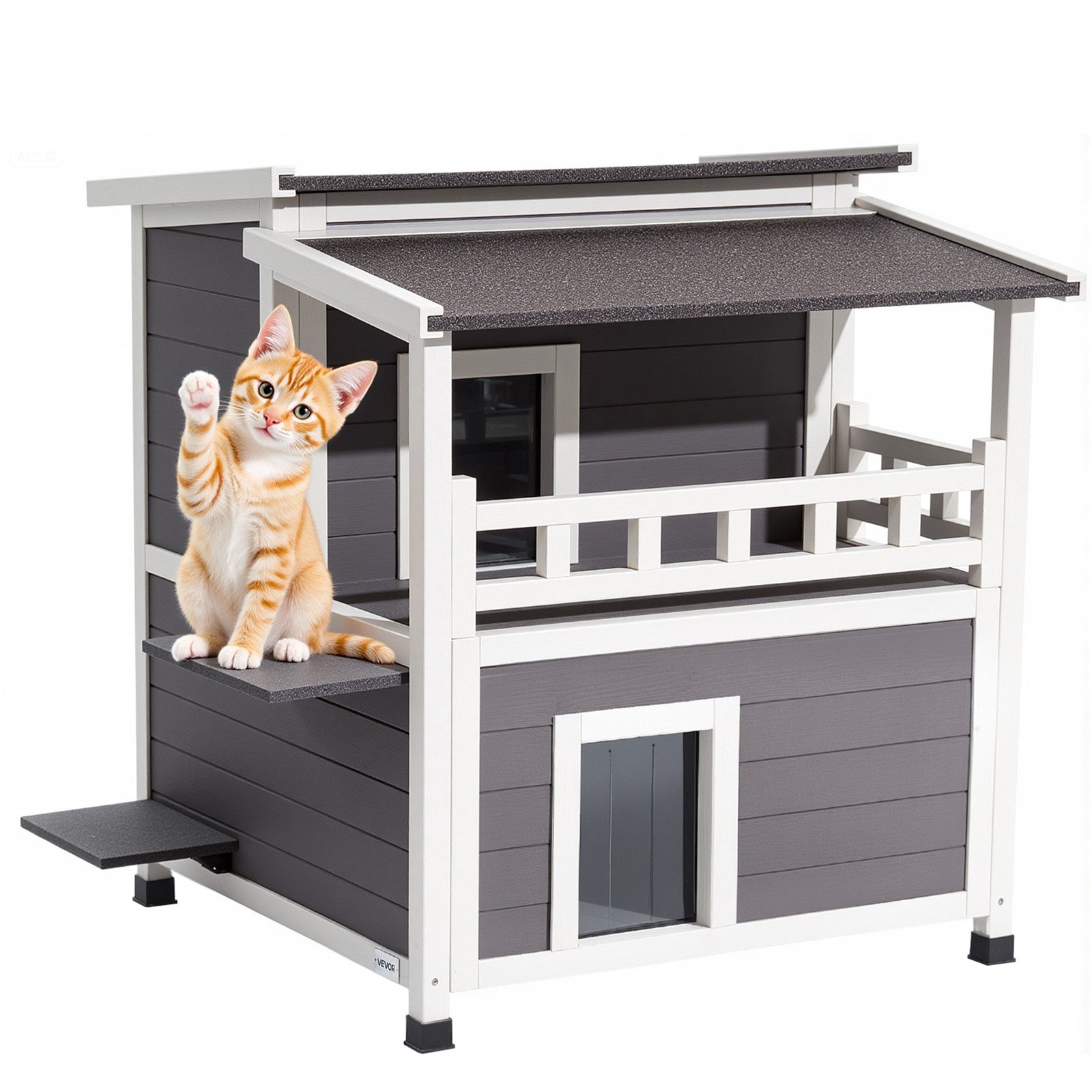 VEVOR Insulated Cat House, 2-Story Wooden Cat Shelter, Foam Insulation, Feral Kitty Shelter with Balcony, Waterproof Cats Condos for Indoor & Outdoor 1-3 Cats in Winter 84 × 75 × 82  cm