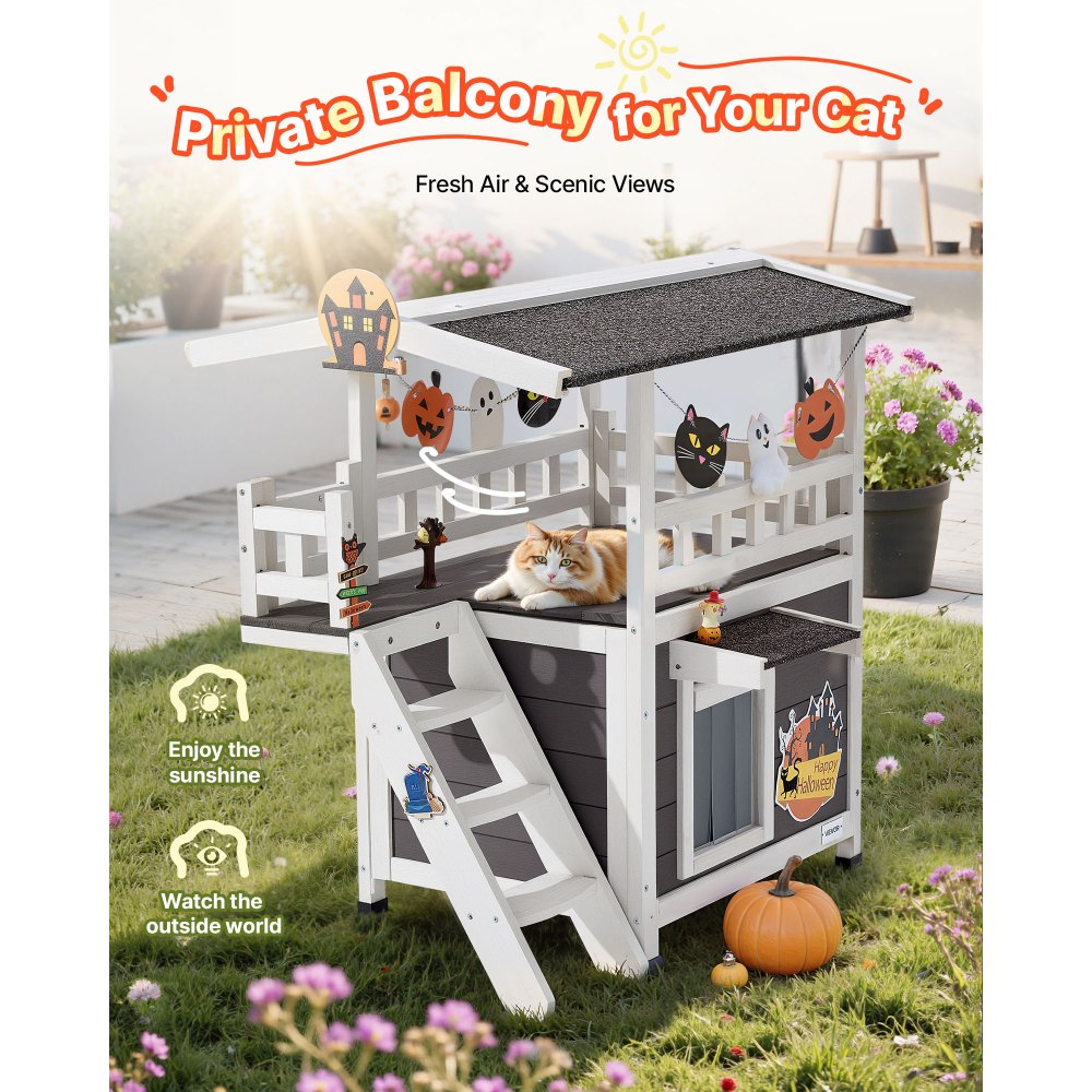 Domek dla kota VEVOR Outdoor, dwupoziomowy drewniany domek dla kota ze schodami i balkonem, podwyższona budka dla kota, przestronny pokój, dla kotów domowych i wychodzących zimą, 762 x 563 x 774 mm