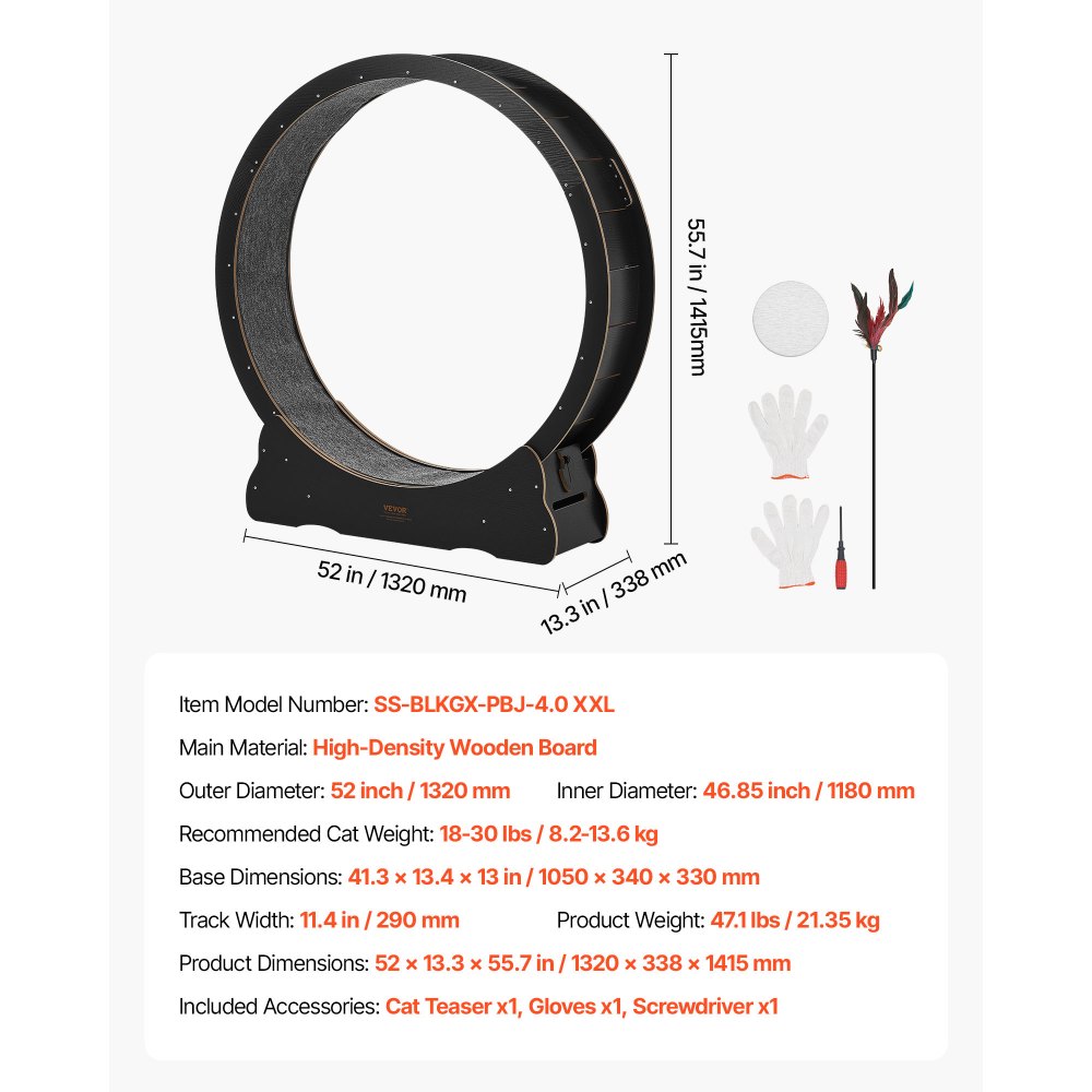 Kołowrotek dla kota VEVOR, średnica wewnętrzna 118 cm, drewniane kołowrotek dla kotów o wadze do 13,6 kg, bieżnia dla kota z wykładziną i mechanizmem blokującym, cicha zabawka dla kotów domowych, kolor czarny